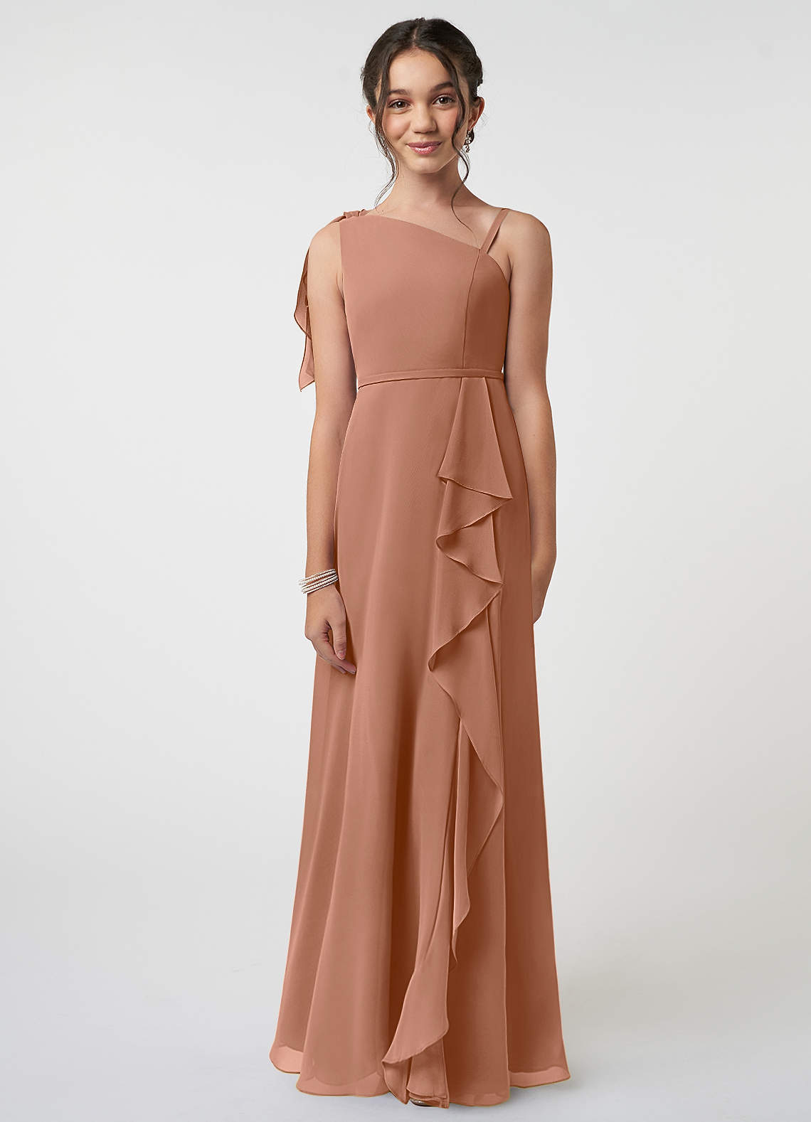 Azazie Aidy Junior Bronzer A-Line Bow Chiffon Dress image1
