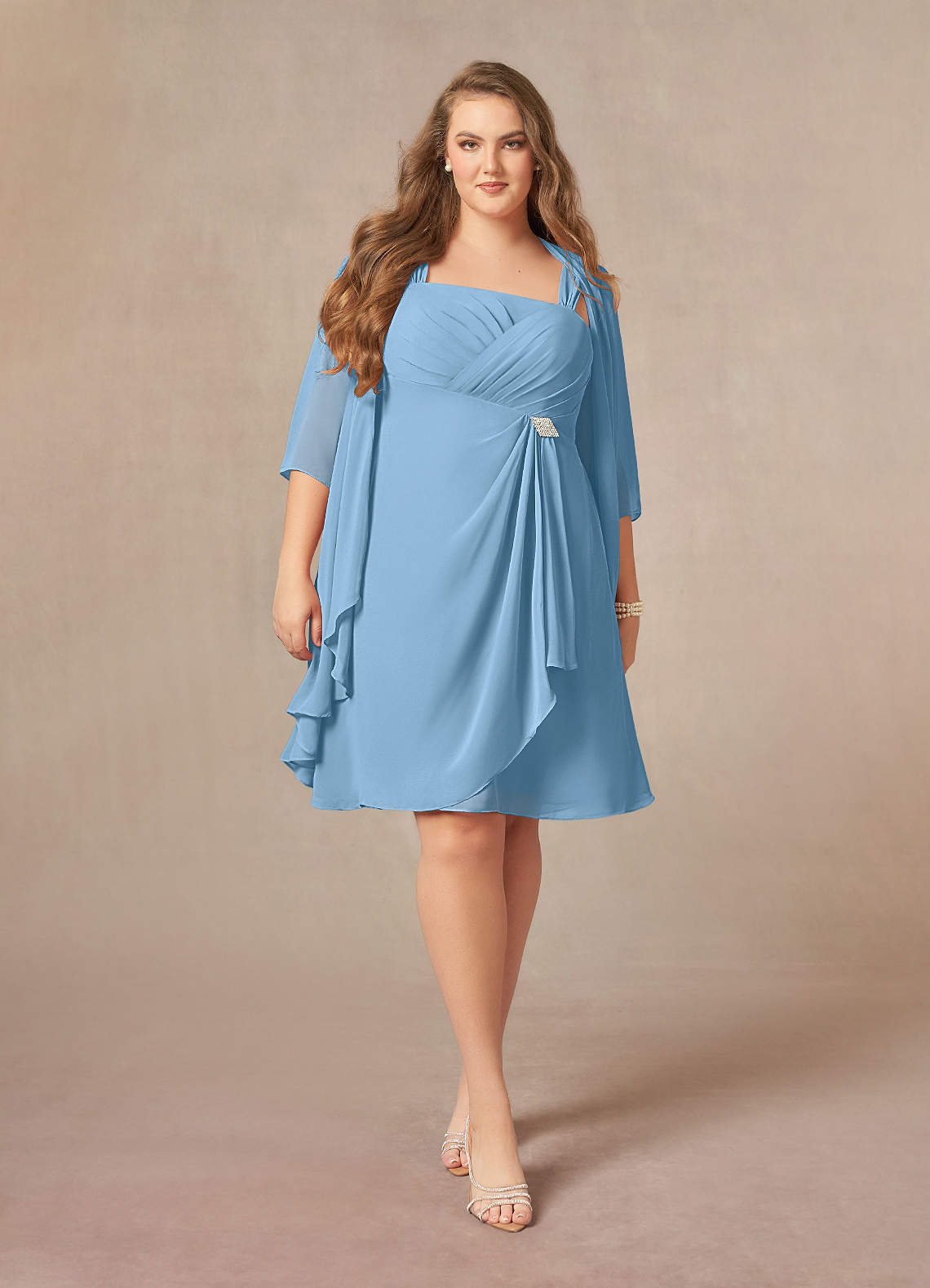 Azazie Olivia Mère de la mariée Robes Robe Trapèze en Mousseline de soie Encolure carrée plissée Acier Bleuté image1