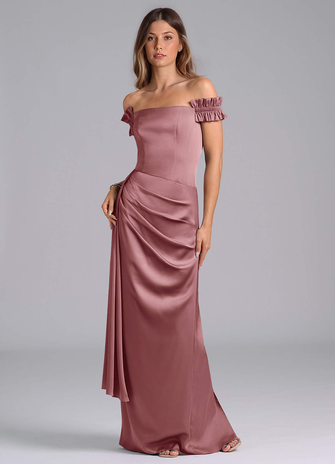 Azazie Kalysia Brautjungfernkleider Wandelbar Meerjungfrau-Linie Schulterfrei Stretch-Satin Kleid Altrosa image1