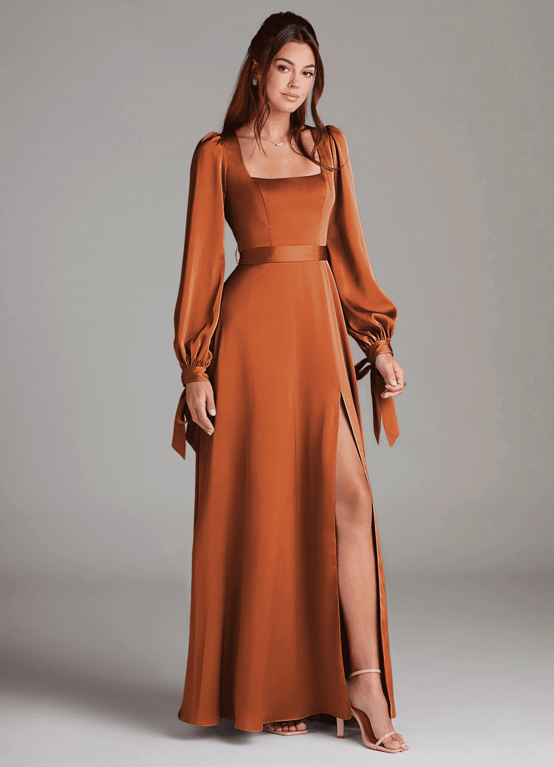 Azazie Leonia Bridesmaid Dresses Cinnamon A-Line Long Sleeve Stretch Satin Dress image1