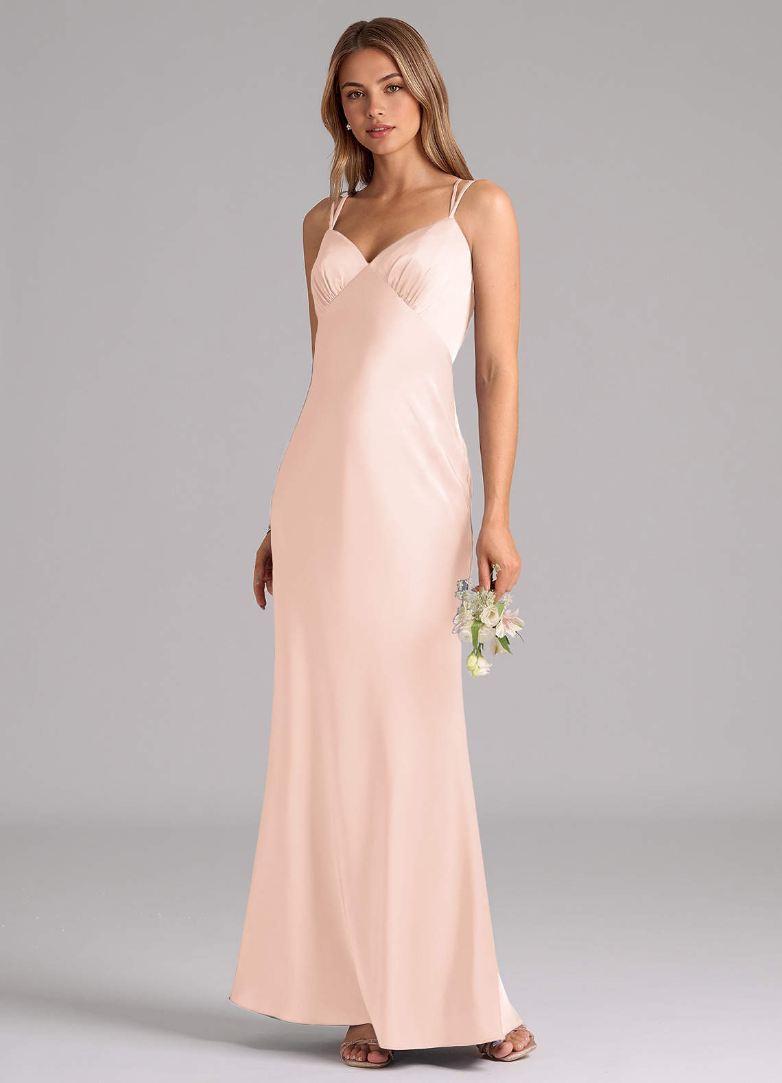 Azazie Suttona Vestidos de damas de honor Vestido de Rosa Rubor de Satén Elástico de Corte en A con Plisado image3