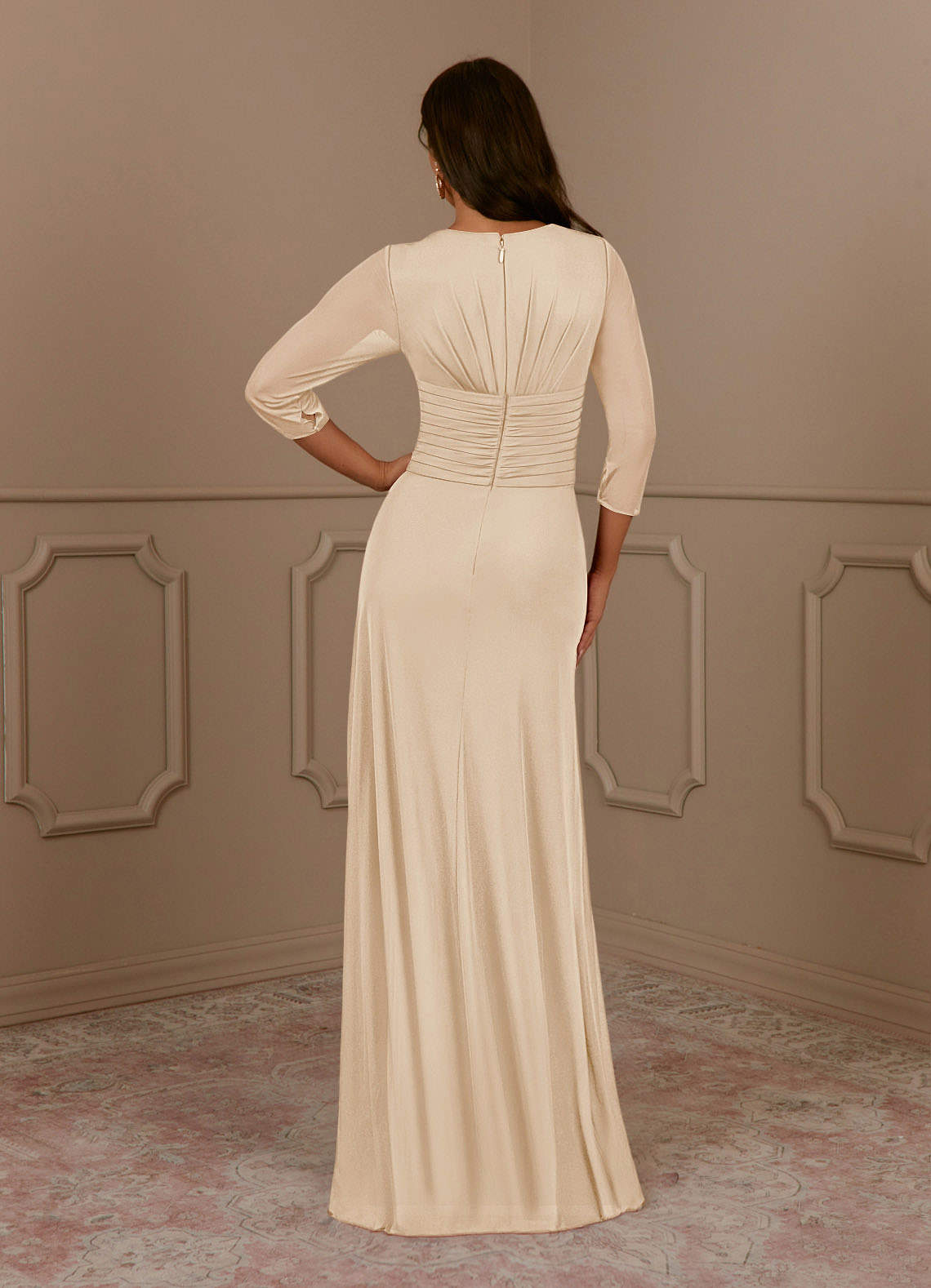 Azazie Annetta Mother of the Bride Dresses Champagne A-Line V-Neck Pleated Mesh Dress image3