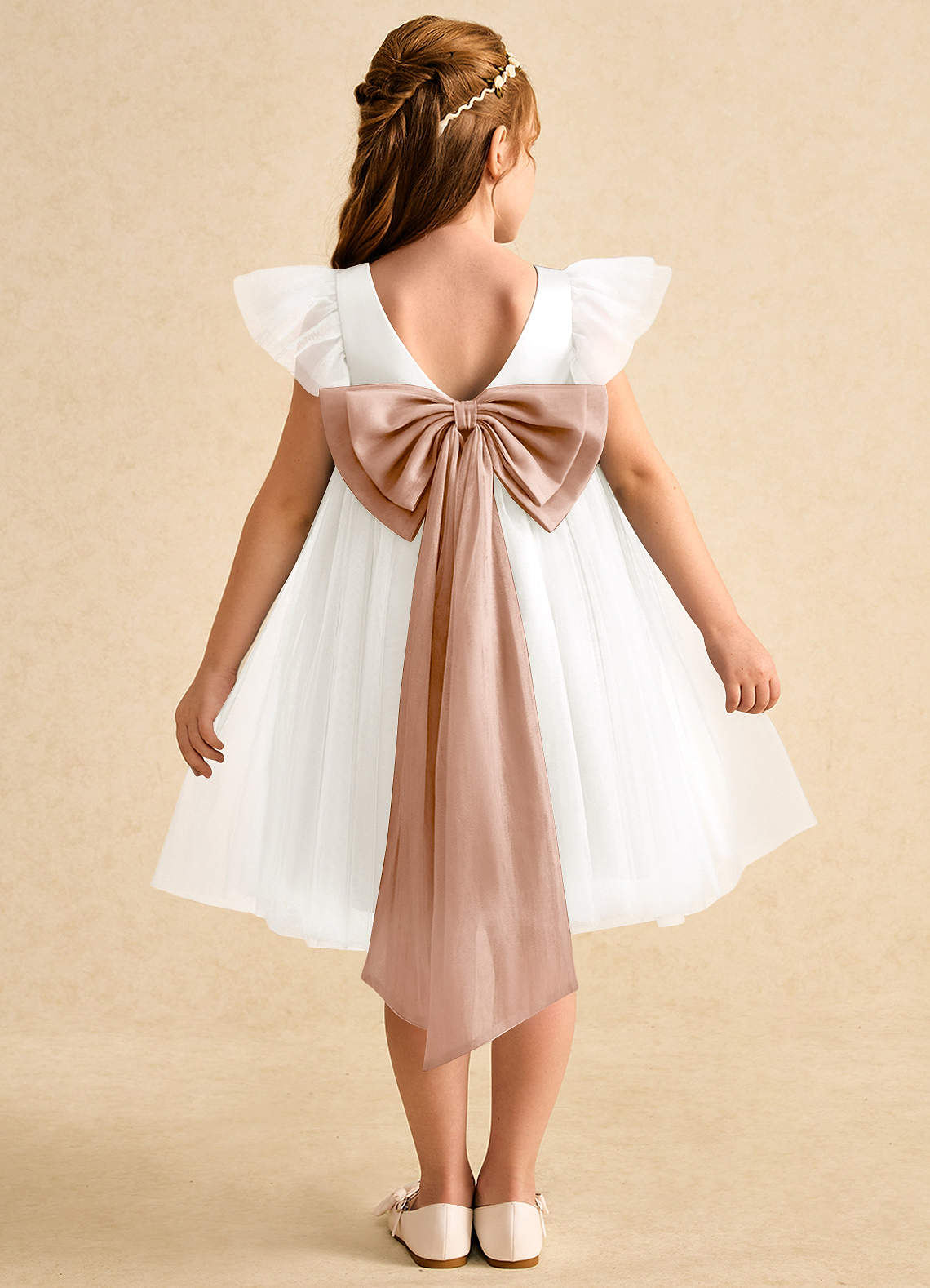 Azazie Munchkin Abiti da Ragazza di Fiori Abito A-Line in Tulle Fiocco Avorio Rosa Champagne image1