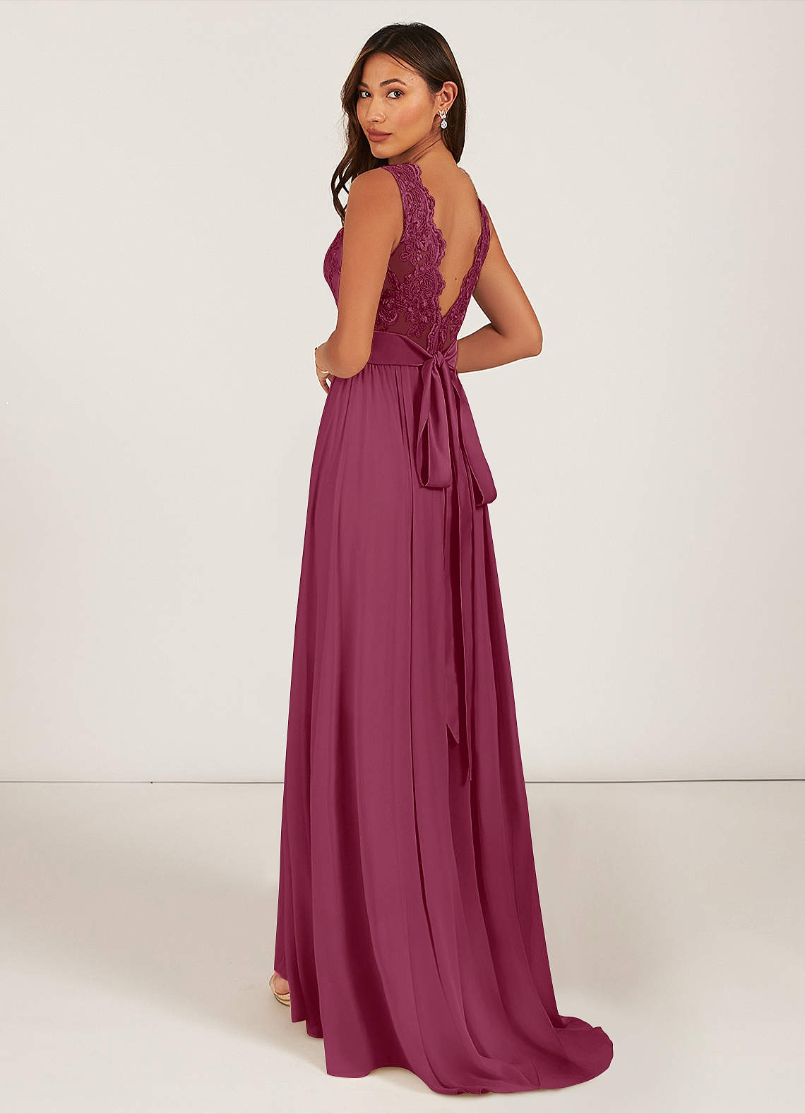 Azazie Gertrude At-home Try On Dresses Mulberry A-Line Lace Chiffon Dress image4