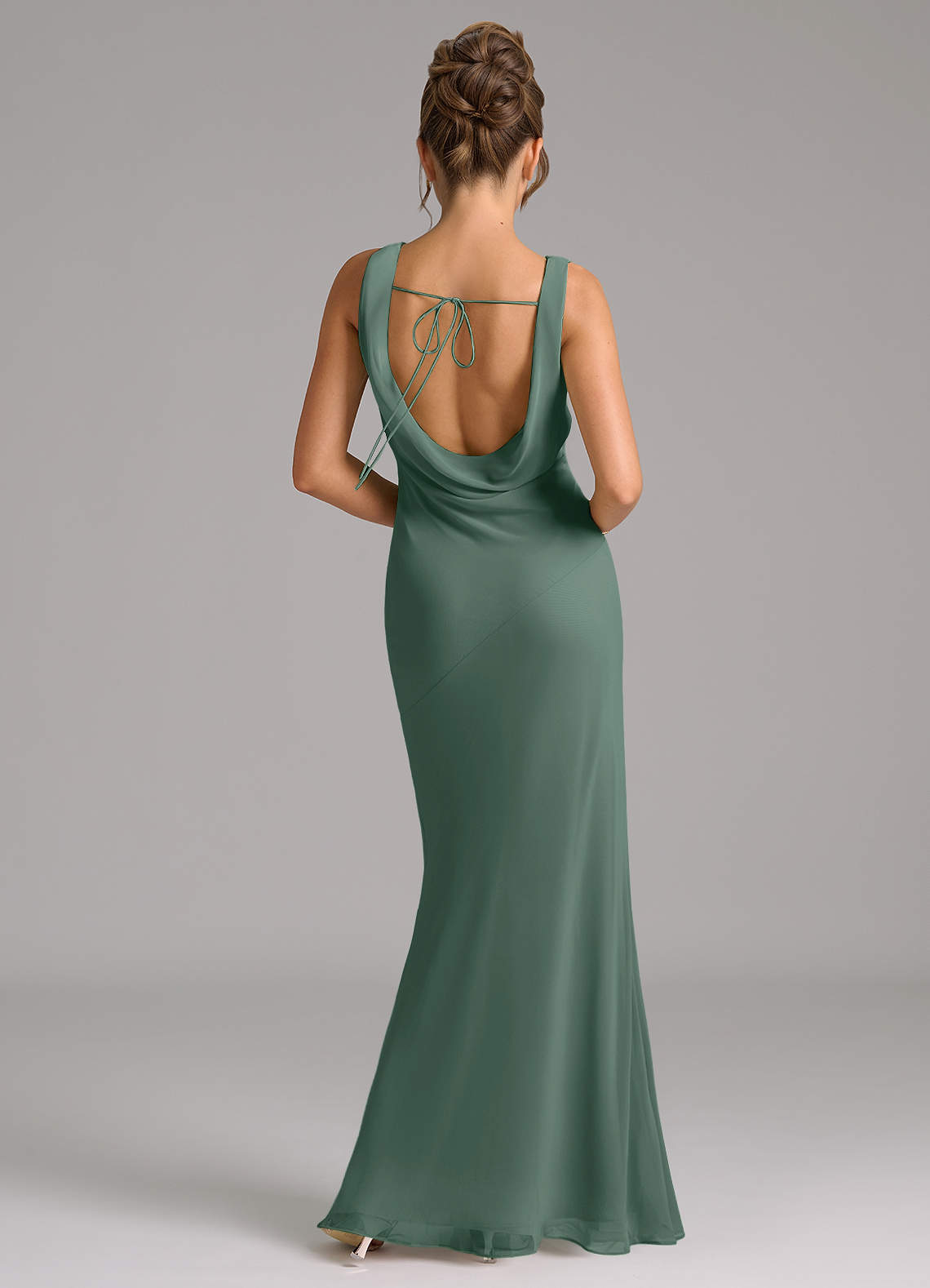 Azazie Rylina At-home Try On Dresses Dusty Blue Mermaid Pleated Chiffon Dress image5