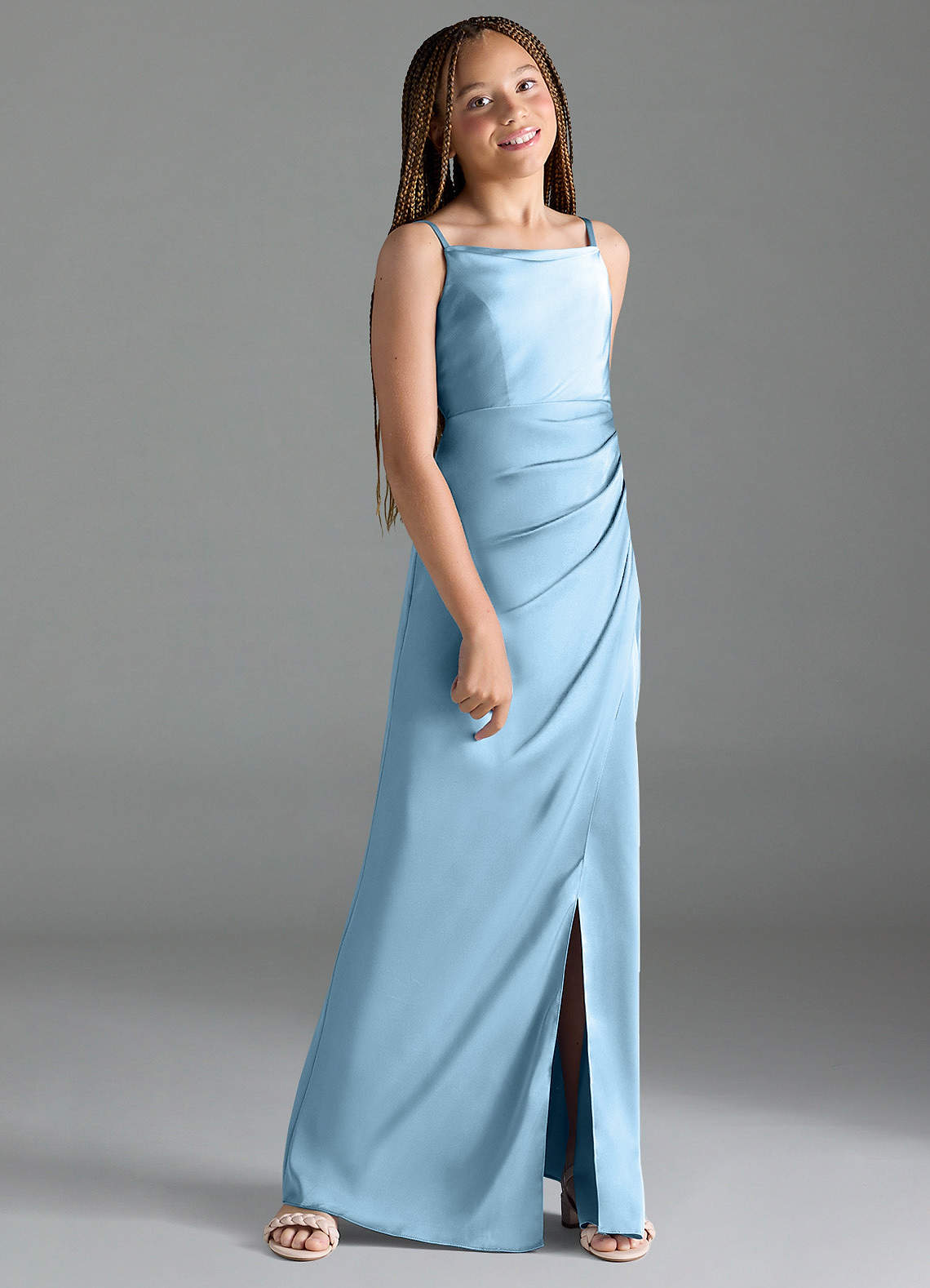 Azazie Leonis Junior Steel Blue A-Line Pleated Stretch Satin Dress image2