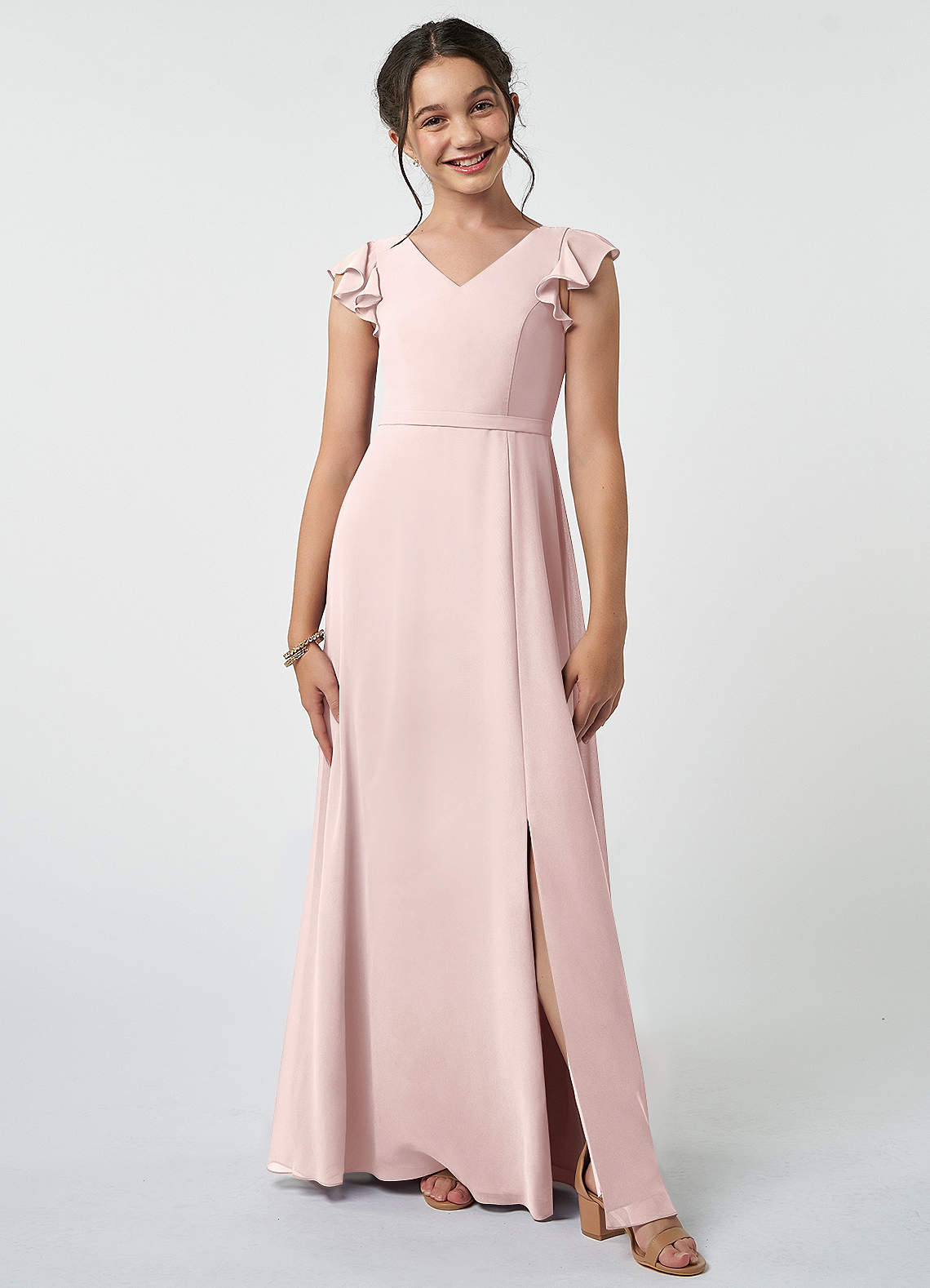 Azazie Claudine Junior Robe Trapèze en Mousseline de soie Plissée Rose Pâle image1