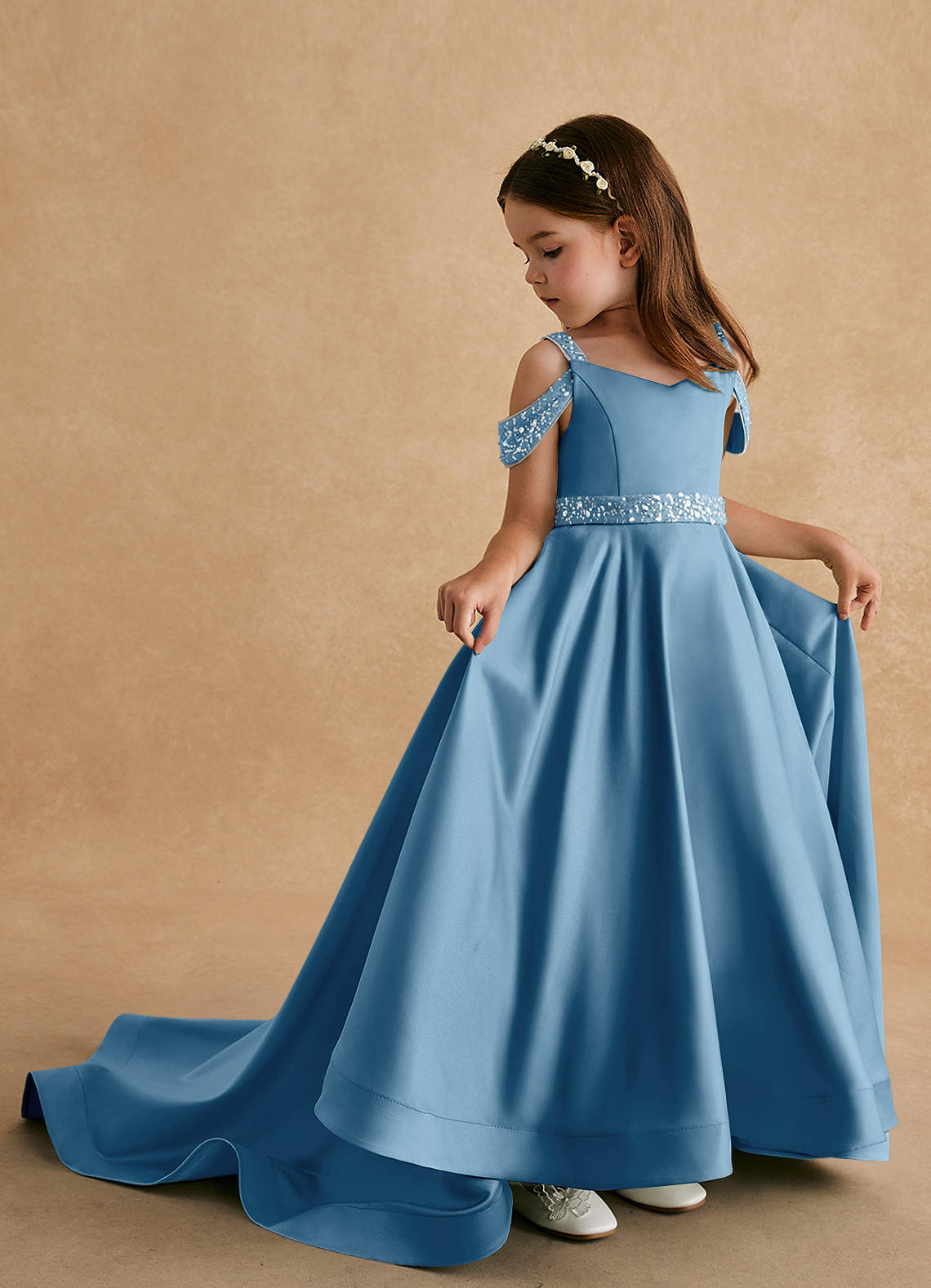 Azazie Jodi vestidos de niña de las flores Vestido de Azul Acero de Satin Mate de Corte En A image1