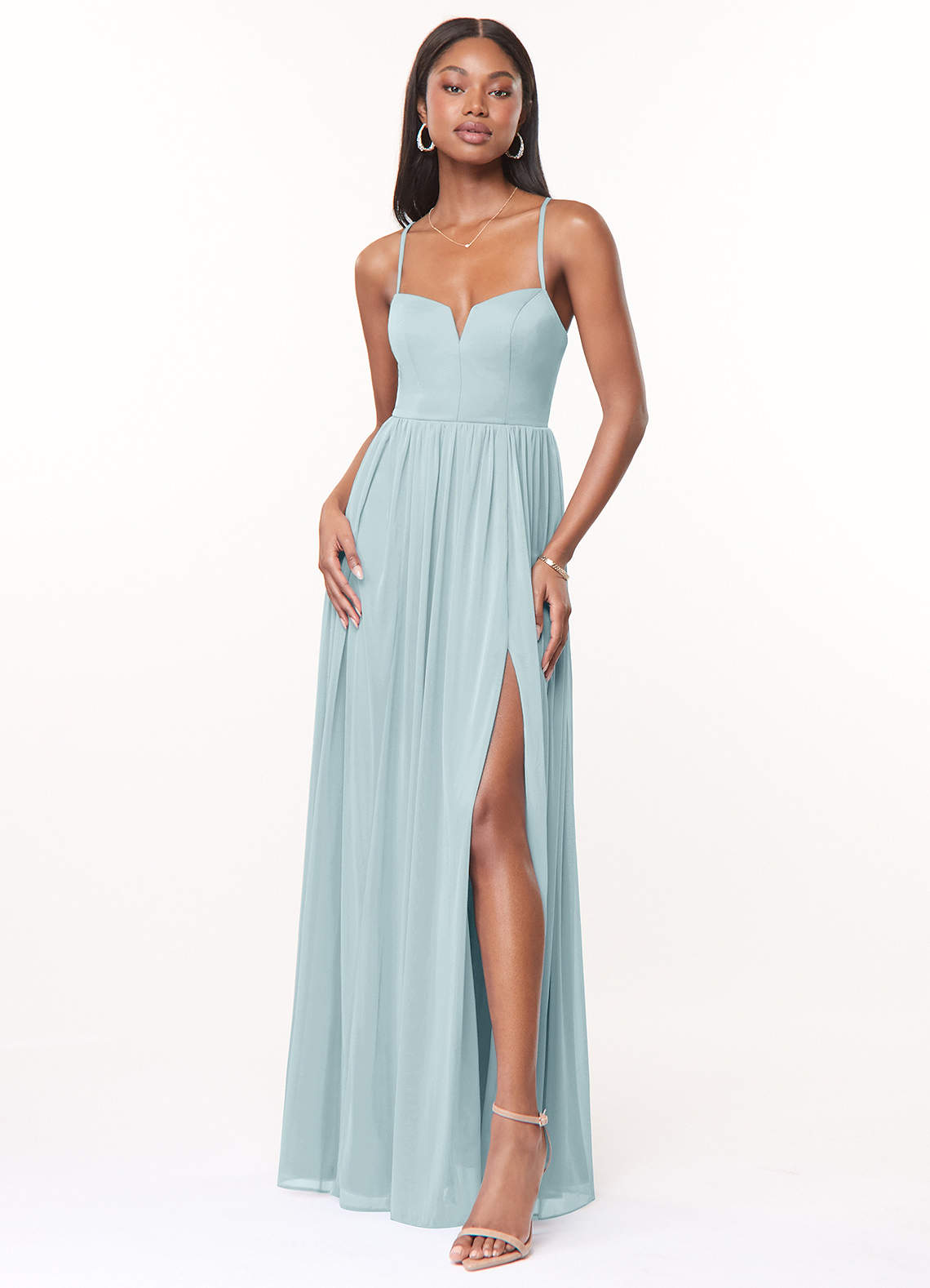Azazie Marsol Bridesmaid Dresses Mist A-Line Corset Mesh Dress image1