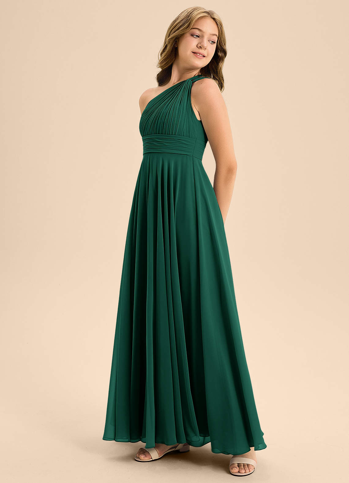 Azazie Charlize Junior Emerald A-Line Pleated Chiffon Dress image3