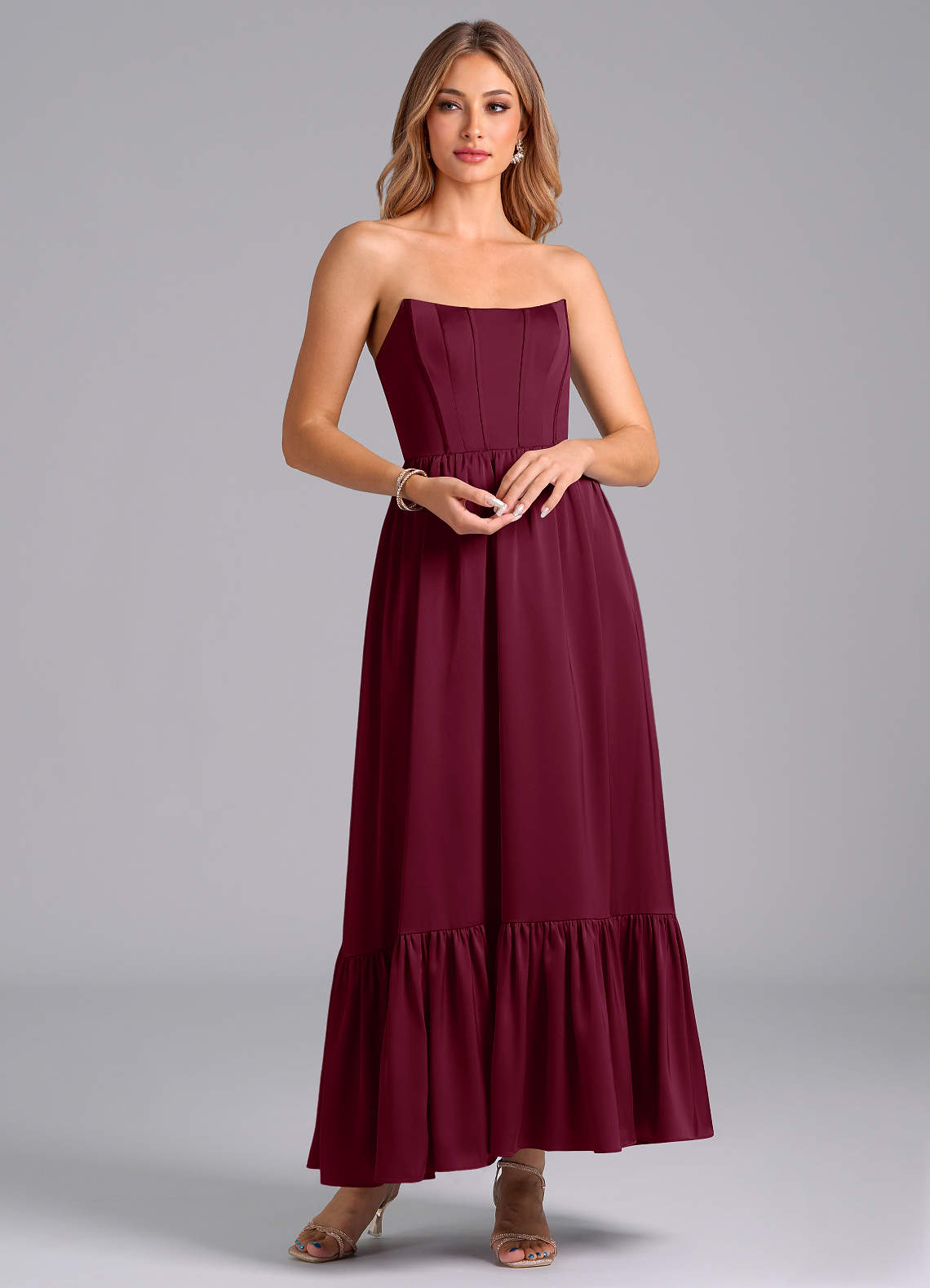 Azazie Leilana Bridesmaid Dresses Mulberry A-Line Corset Stretch Satin Dress image1