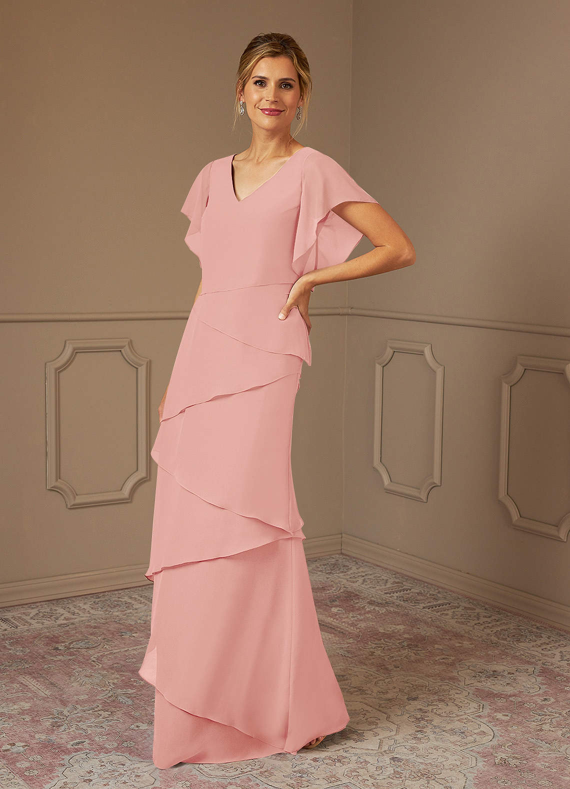 OHara Rosette A-Line V-Neck Chiffon Dress