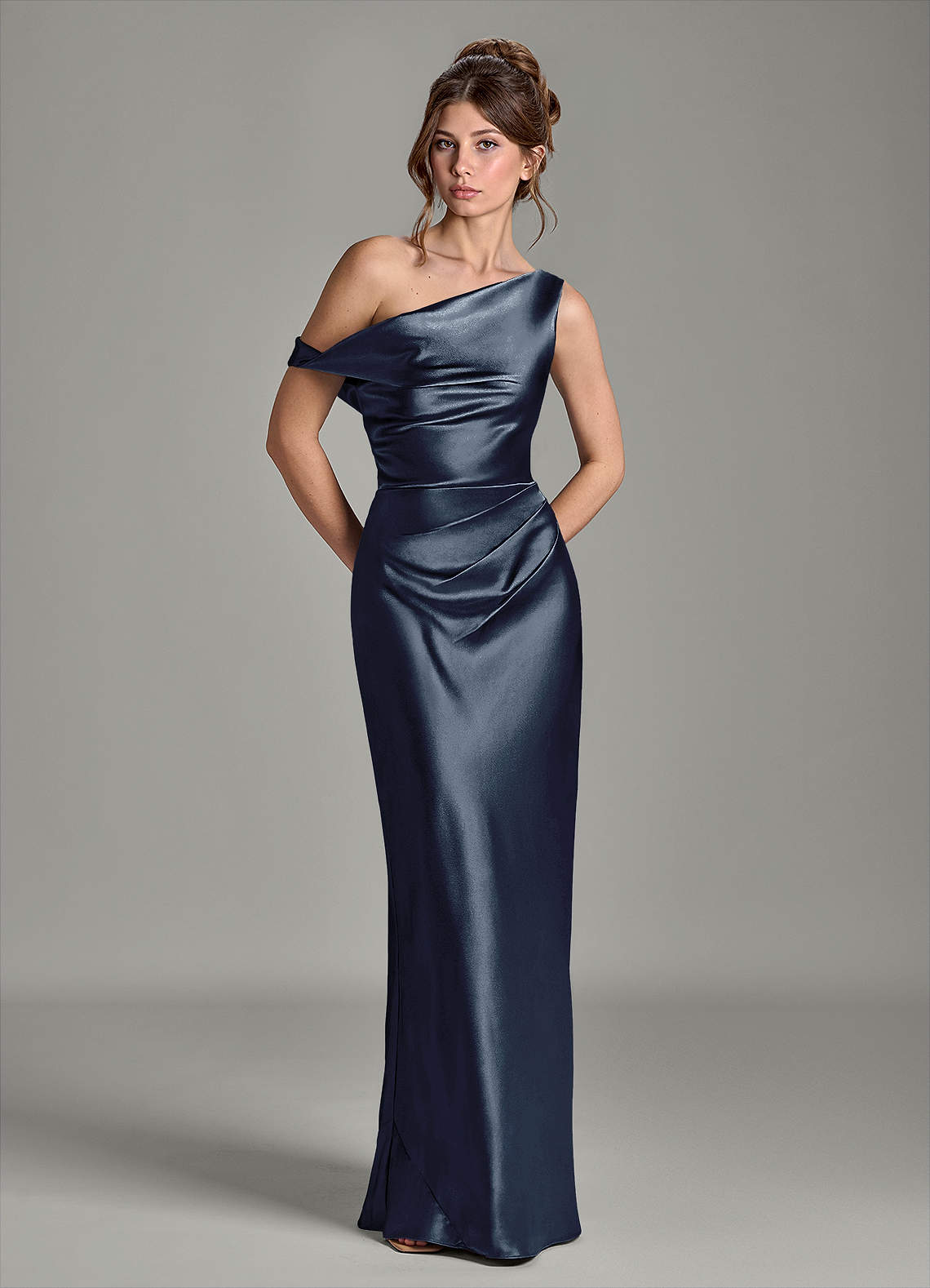Azazie Emerson Bridesmaid Dresses Dark Navy Mermaid Off the Shoulder Metallic Satin Dress image2