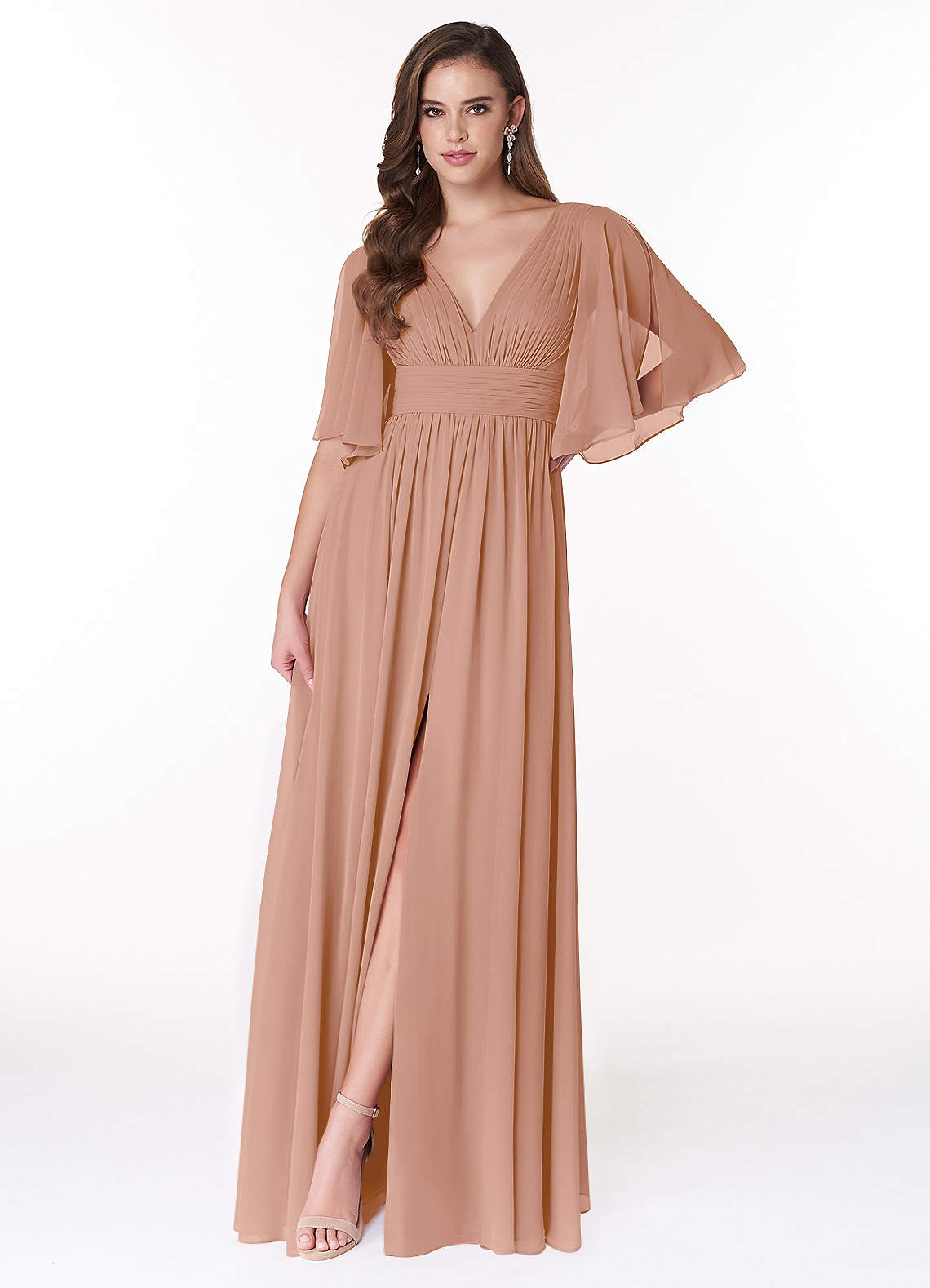 Azazie Temeka Bridesmaid Dresses Champagne Rose A-Line Ruched Chiffon Dress image1