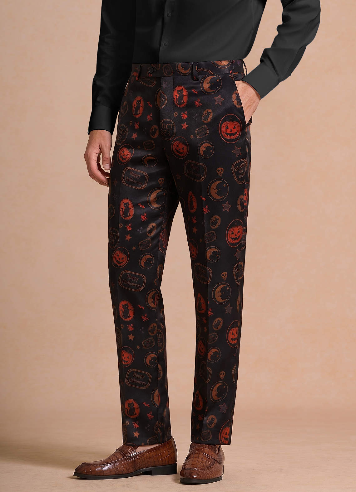 front Caleb Black Vintage Halloween Print Dress Pants