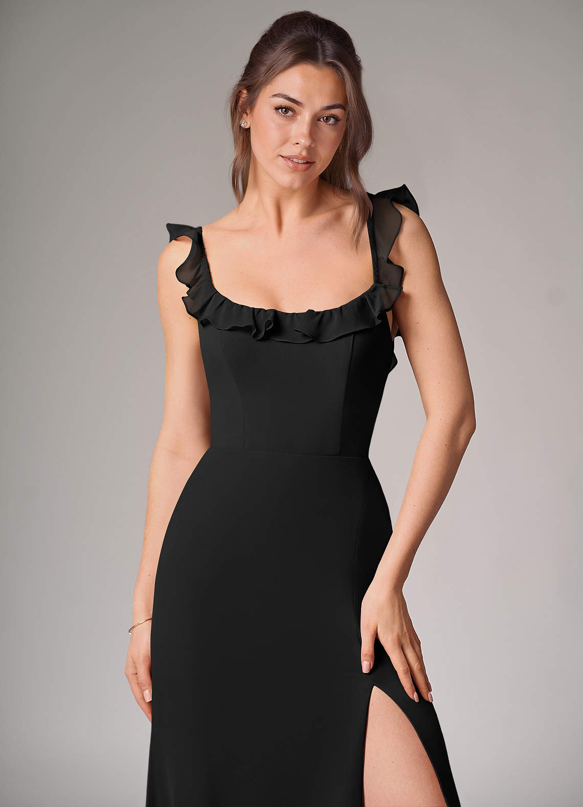 Azazie Callie Essayer des robes à la maison Robe Sirène Convertible en Mousseline de soie Fente Latérale Noir image4