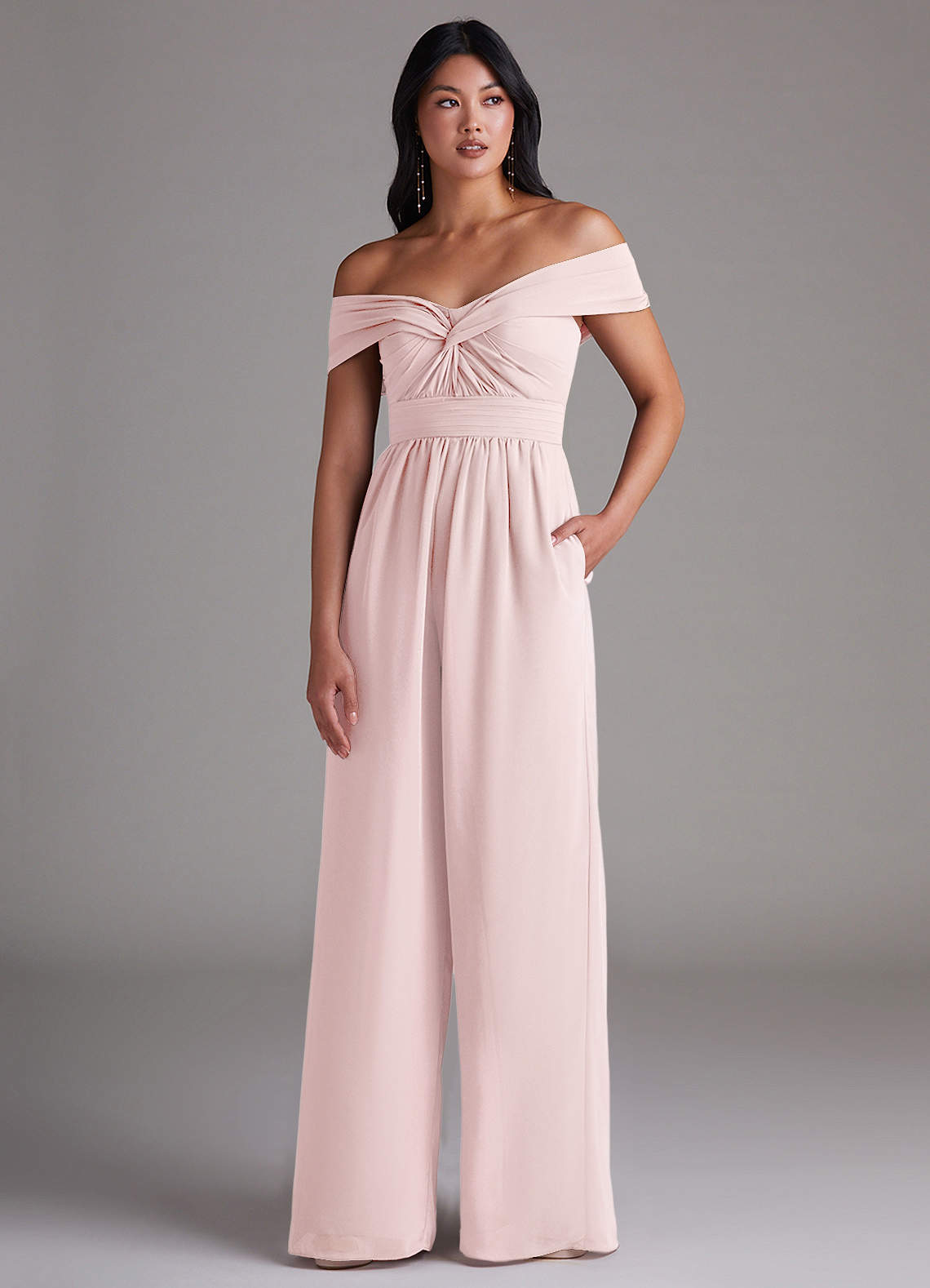 Azazie Lamara Bridesmaid Dresses Blushing Pink Off the Shoulder Chiffon Convertible Jumpsuit image1
