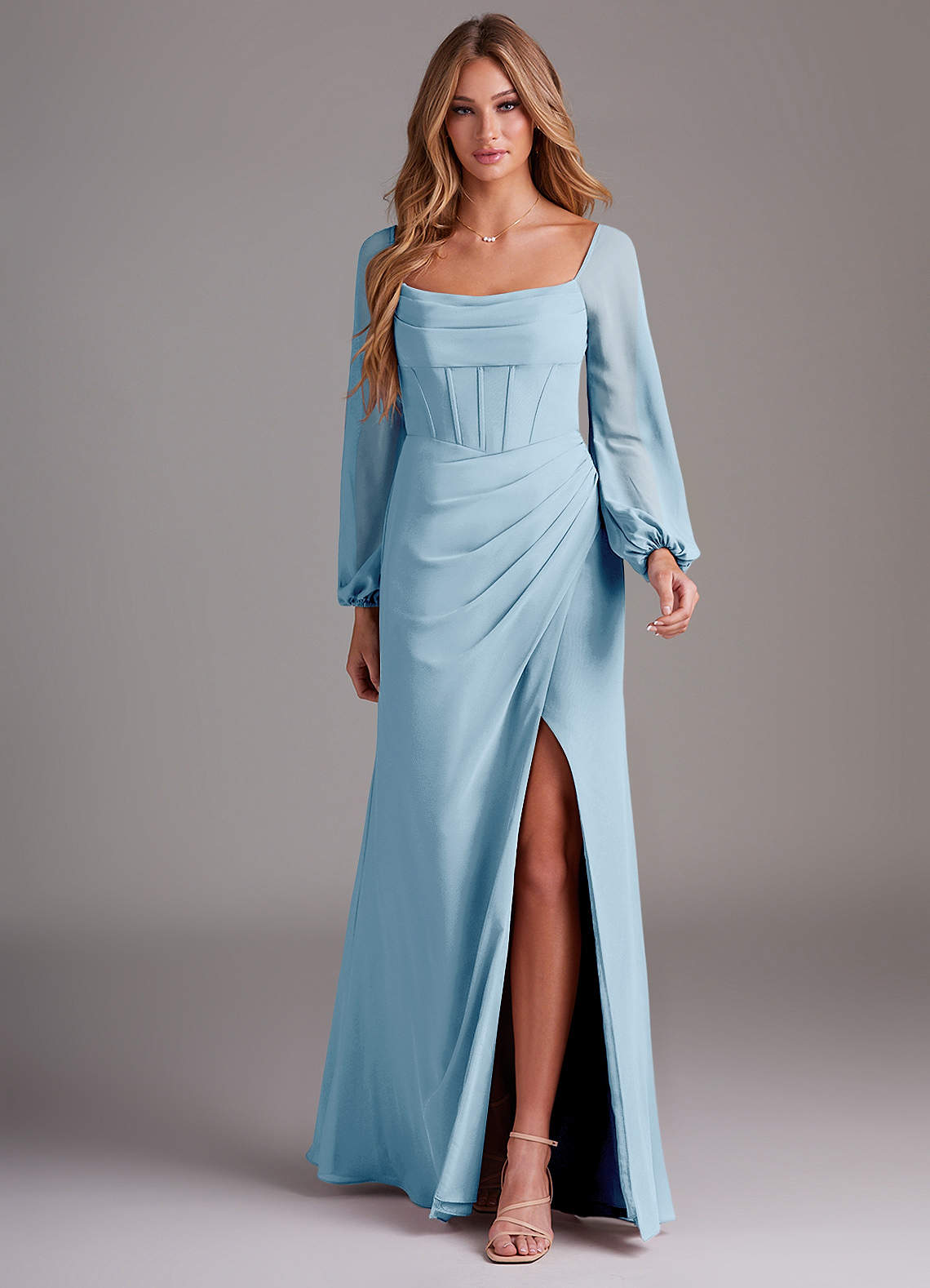 Azazie Sheath Cowl Neck Long Sleeve Floor-Length Chiffon Bridesmaid Dresses