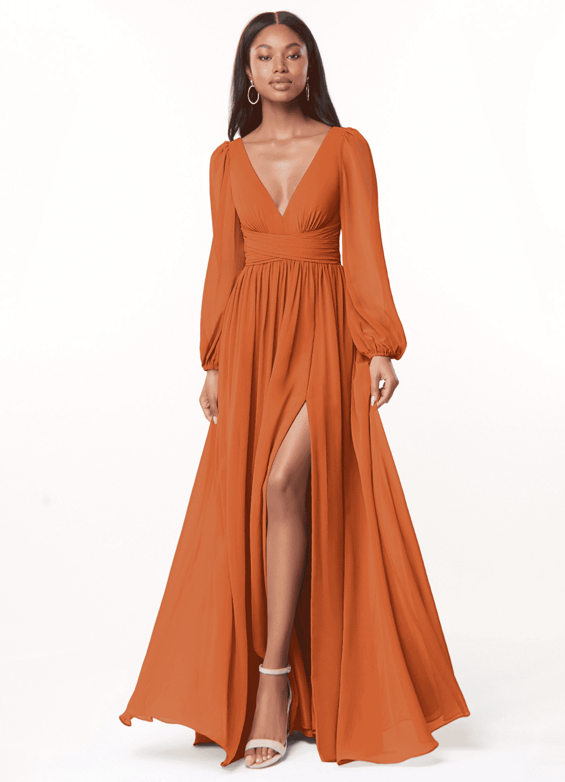 Azazie Norah Bridesmaid Dresses Cinnamon A-Line V-Neck Long Sleeve Chiffon Dress image1