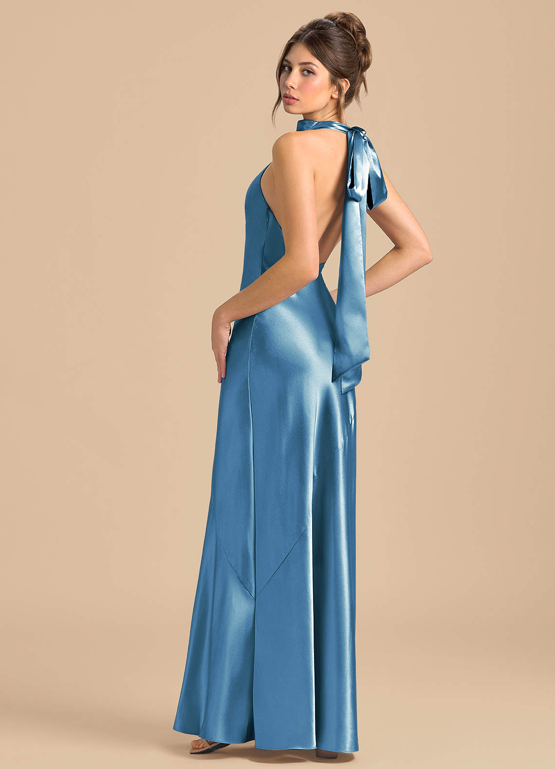 steel blue metallic bridesmaid dresses Sexy Plunge Neck Bridesmaid Dresses Satin Split – Lisposa main image 0