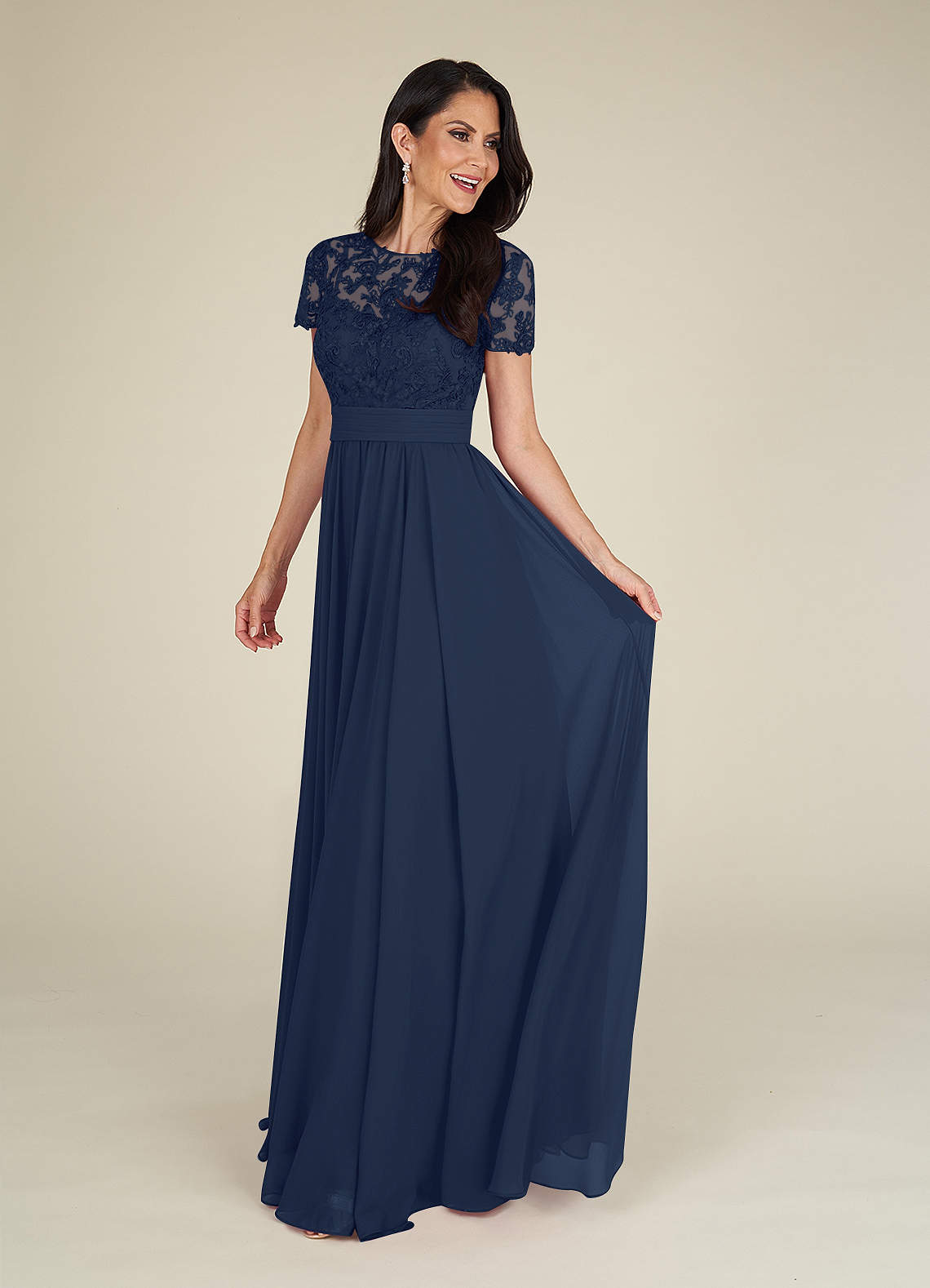 Azazie Annette Dark Navy A-Line Lace Chiffon Dress | Azazie