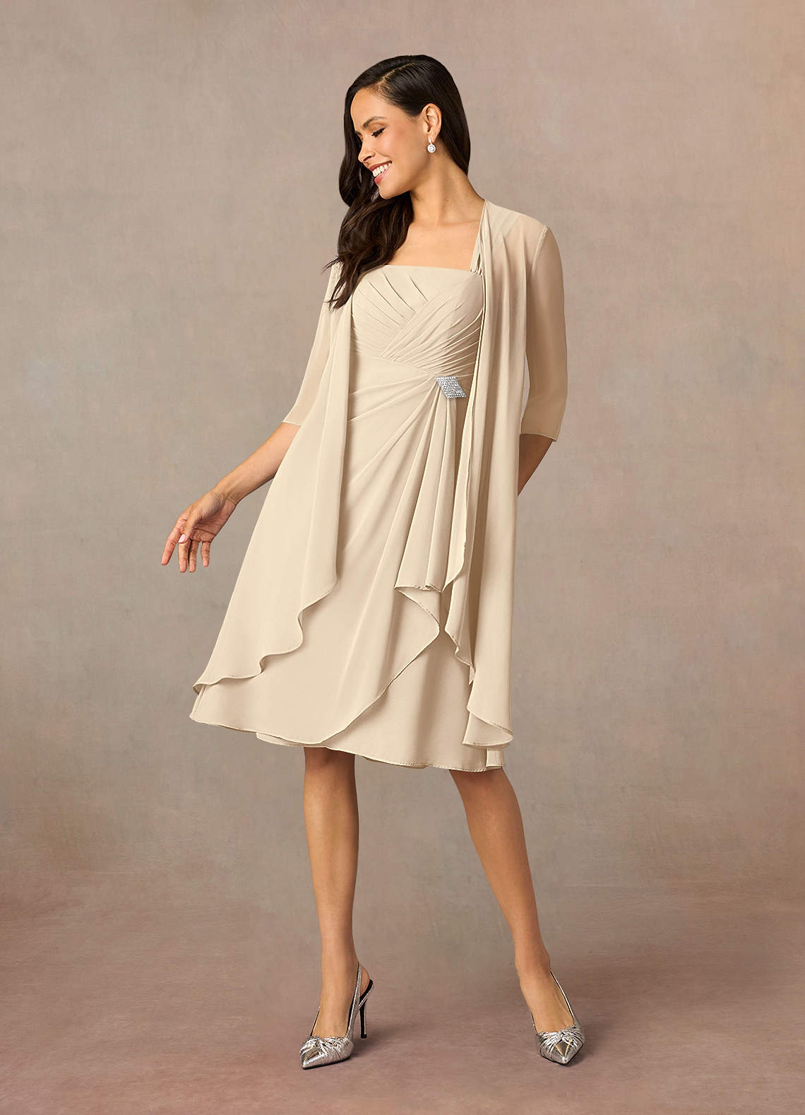 Azazie Olivia Mother of the Bride Dresses Champagne A-Line Square Neckline Pleated Chiffon Dress image1