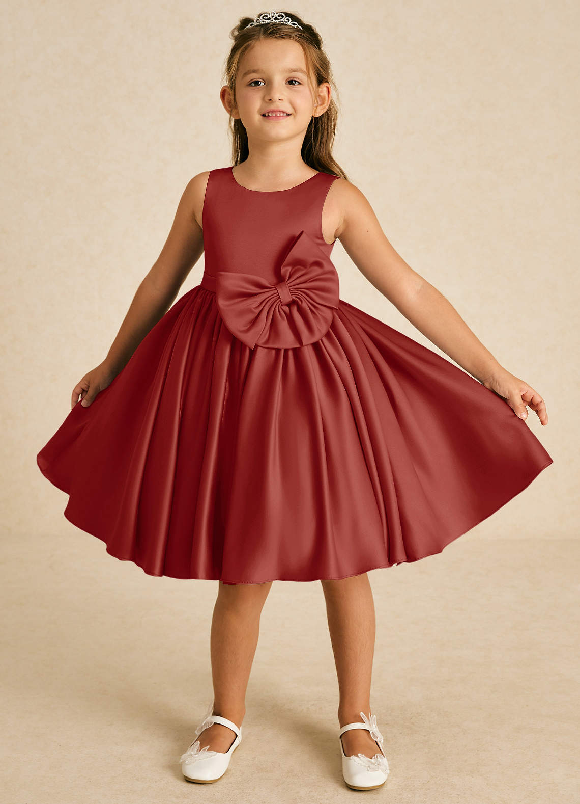 Azazie Apple Flower Girl Dresses Terracotta A-Line Bow Matte Satin Dress image1