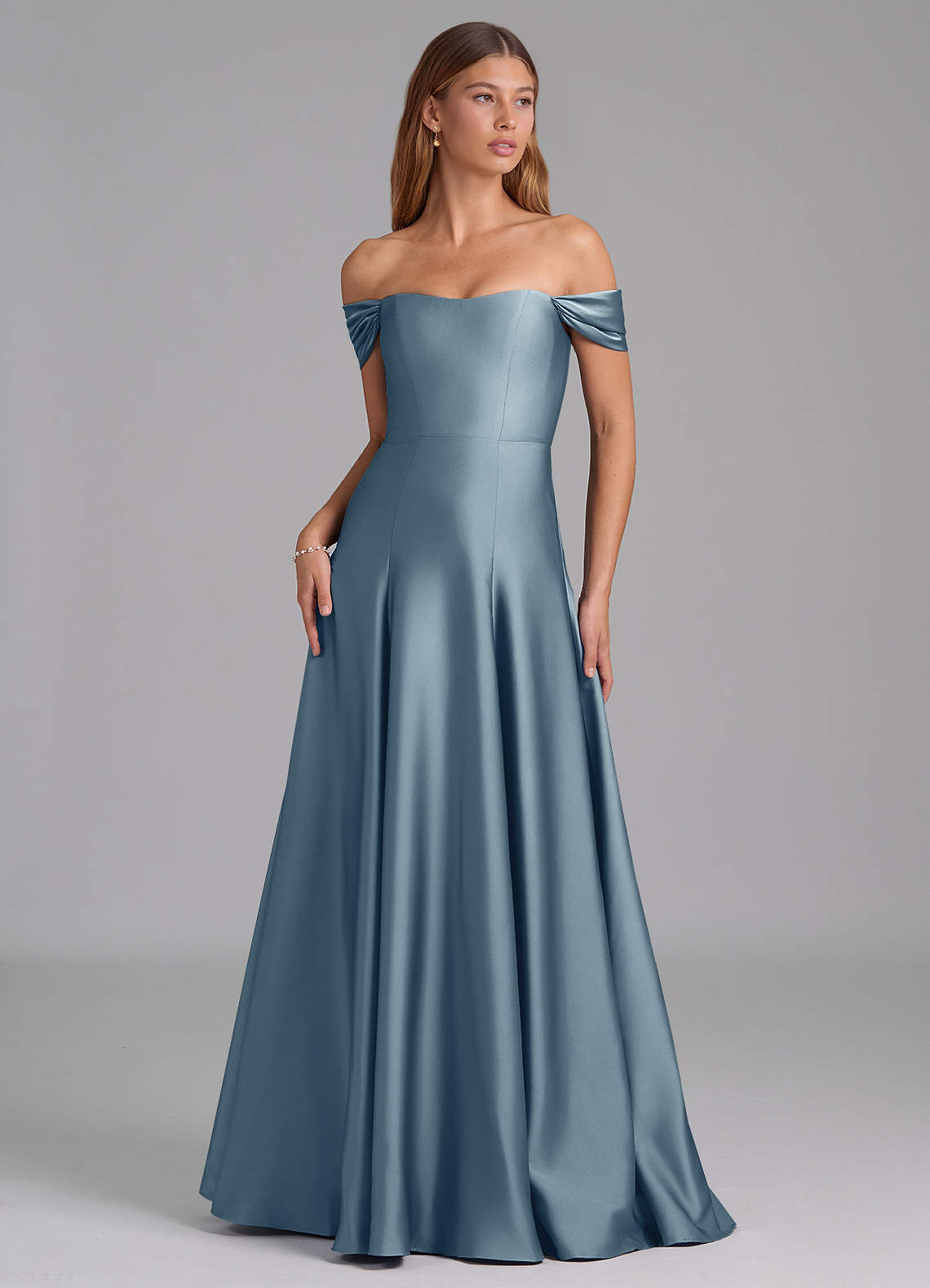 Azazie Seriana At-home Try On Dresses Dusty Blue A-Line Off the Shoulder Stretch Satin Convertible Dress image1
