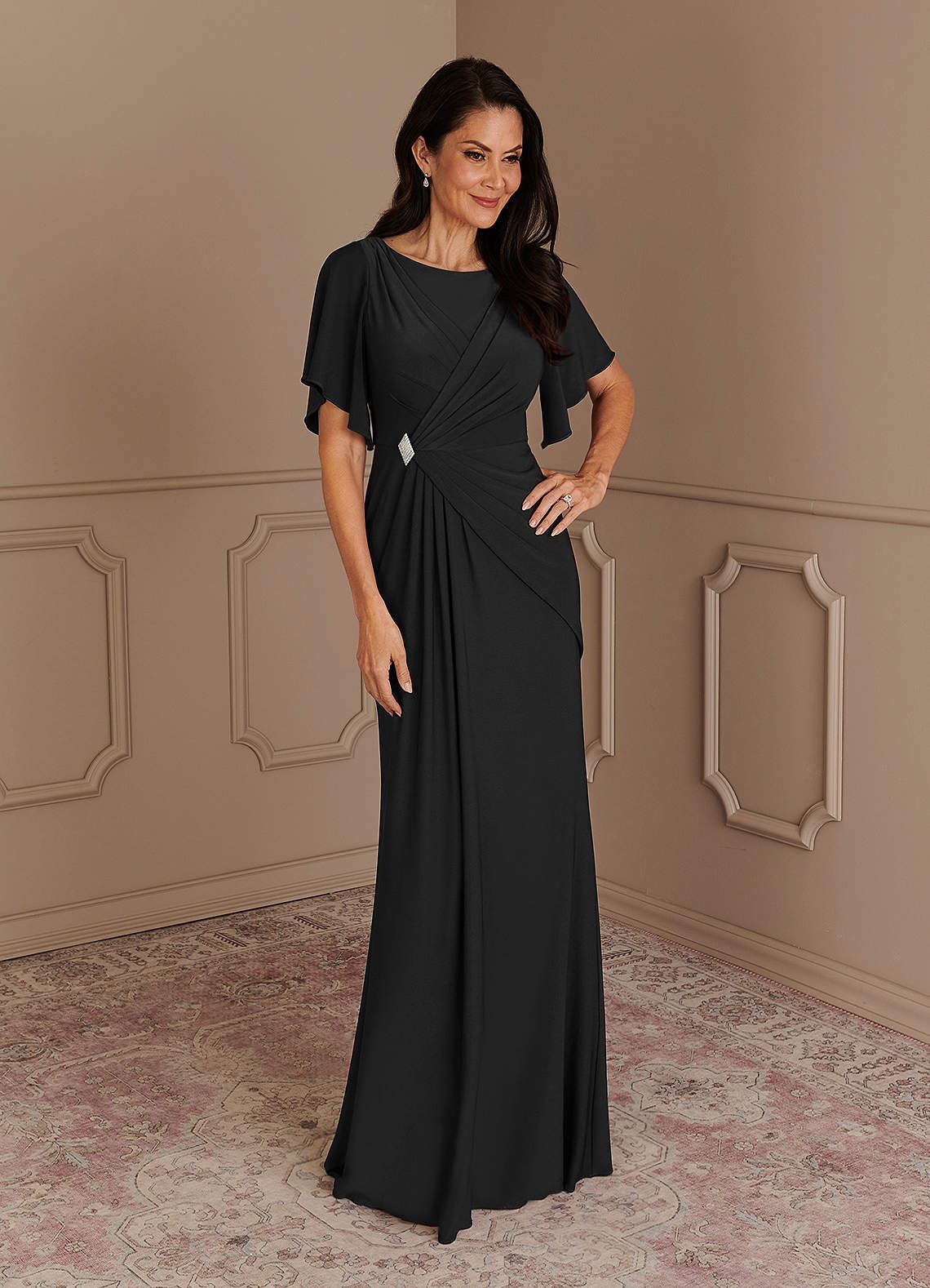 Azazie Louanne Mother of the Bride Dresses Black Mermaid Boatneck Pleated Luxe Knit Dress image1