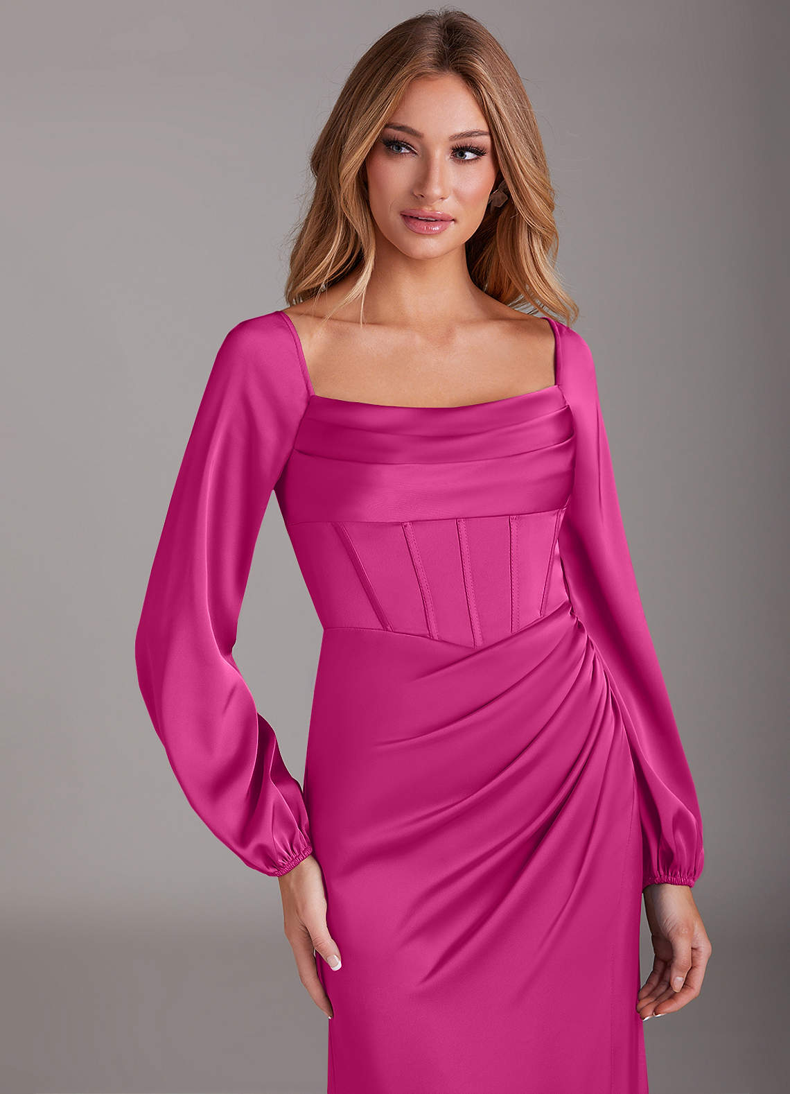 Azazie Sheath Cowl Neck Long Sleeve Floor-Length Stretch Satin Bridesmaid Dresses