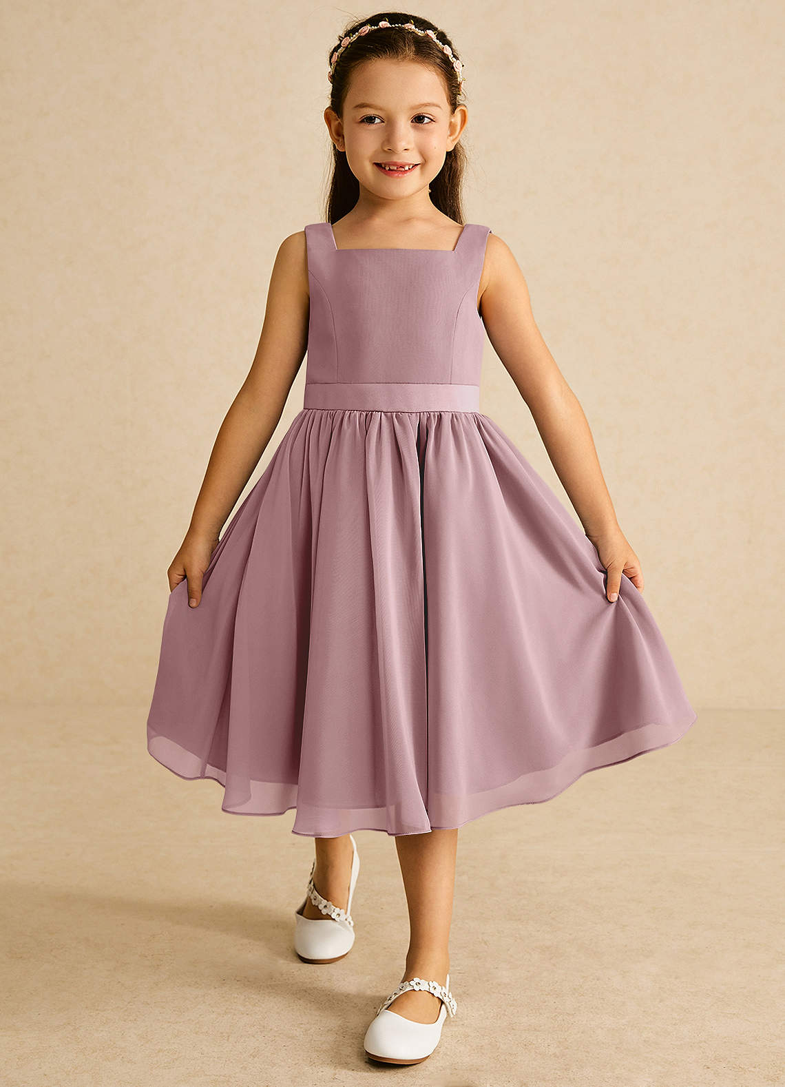 Azazie Ari Flower Girl Dresses Dusty Rose A-Line Sleeveless Chiffon Dress image1