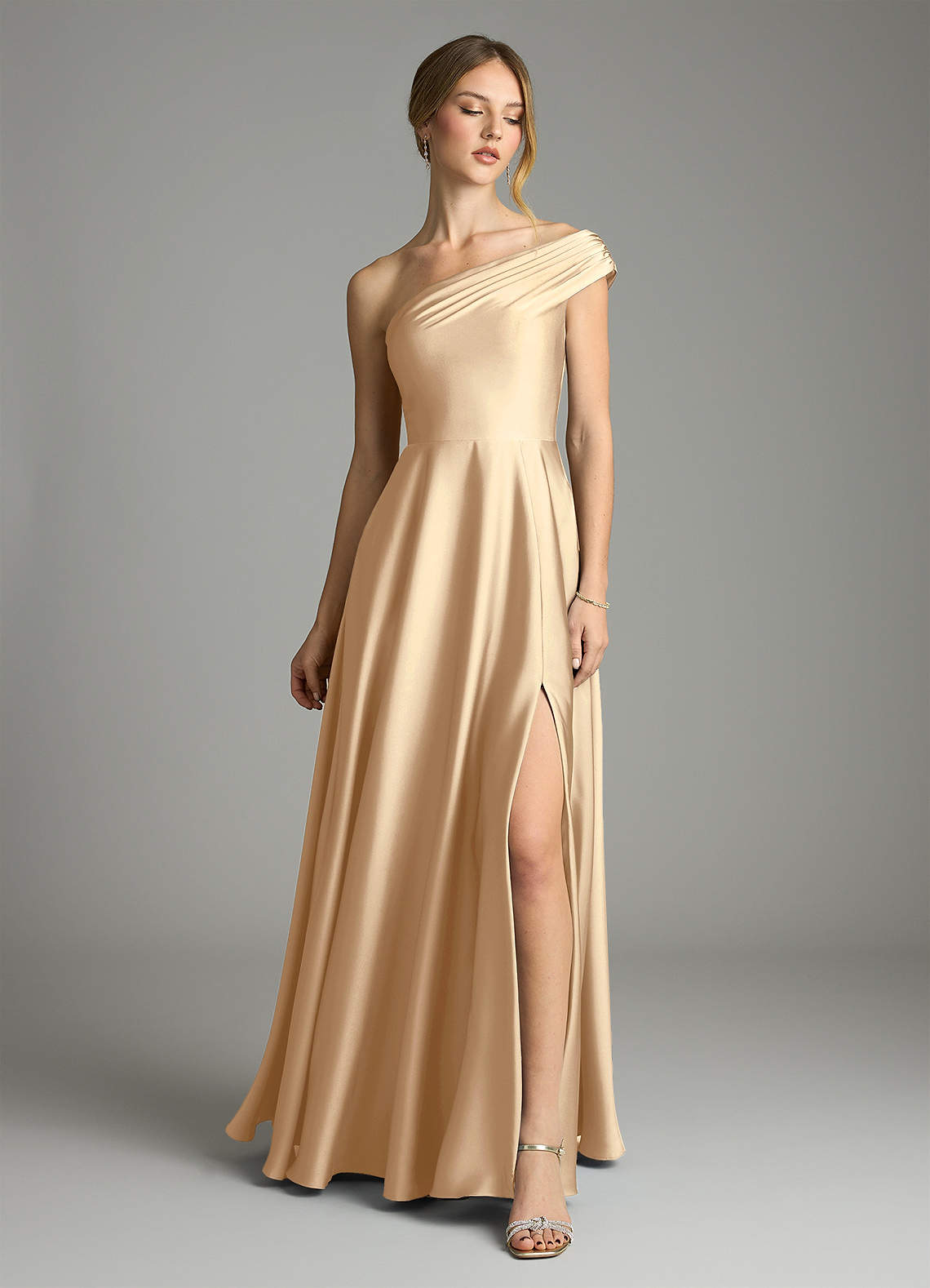 Azazie Melanie Champagne Stretch Satin Bridesmaid Dresses | Azazie CA