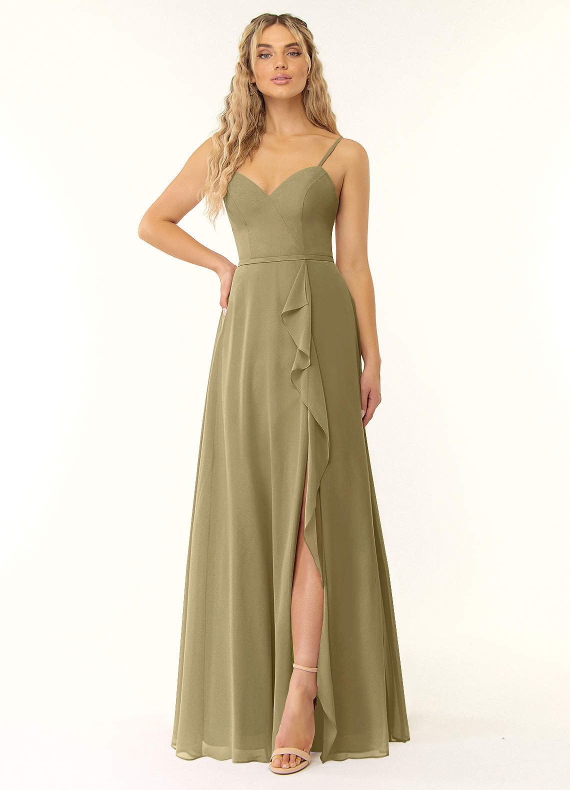 Azazie Naeem Bridesmaid Dresses Moss Green A-Line V-Neck Ruffle Chiffon Dress image1