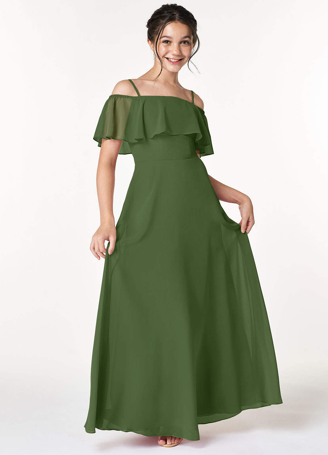 olive green junior dresses Azazie A-Line/Princess Off The Shoulder Floor-Length Chiffon Bridesmaid Mini dress