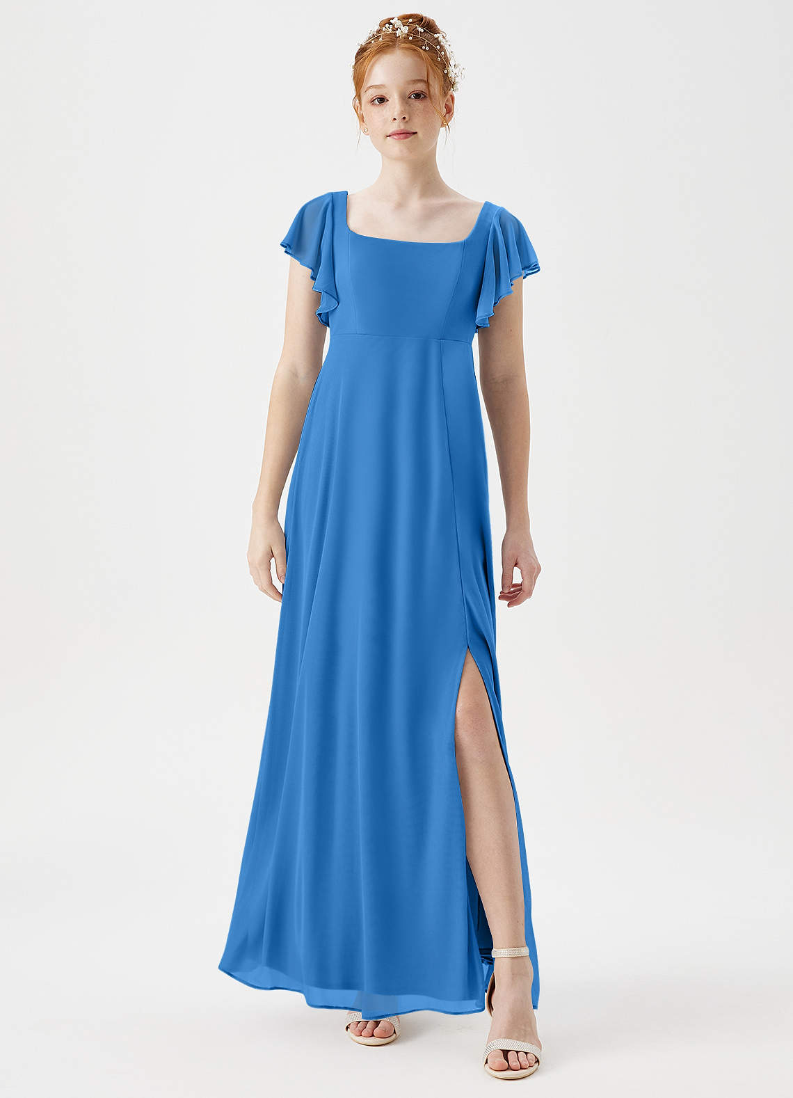 Azazie Bondi Junior A-Linie Seitliche Cut-Outs Gittergewebe Kleid Blauhäher image1