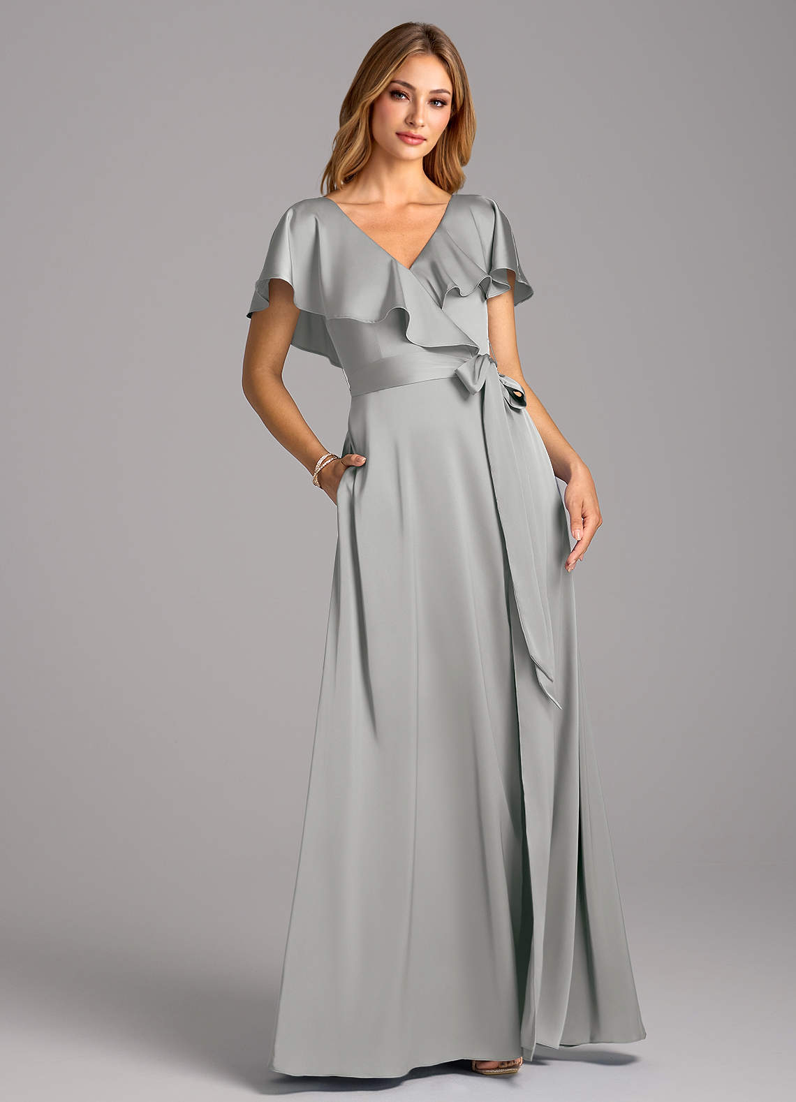 Azazie Lainey Bridesmaid Dresses Silver A-Line with Pockets Stretch Satin Dress image1