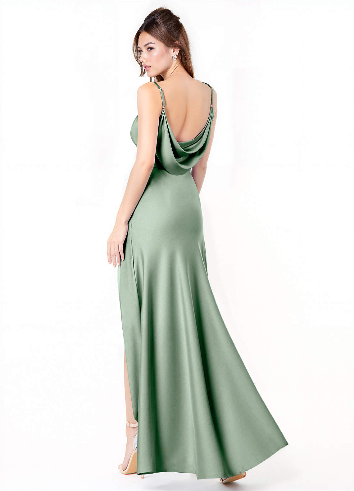 Azazie Alaija Bridesmaid Dresses Agave Mermaid Side Slit Stretch Satin Dress image1
