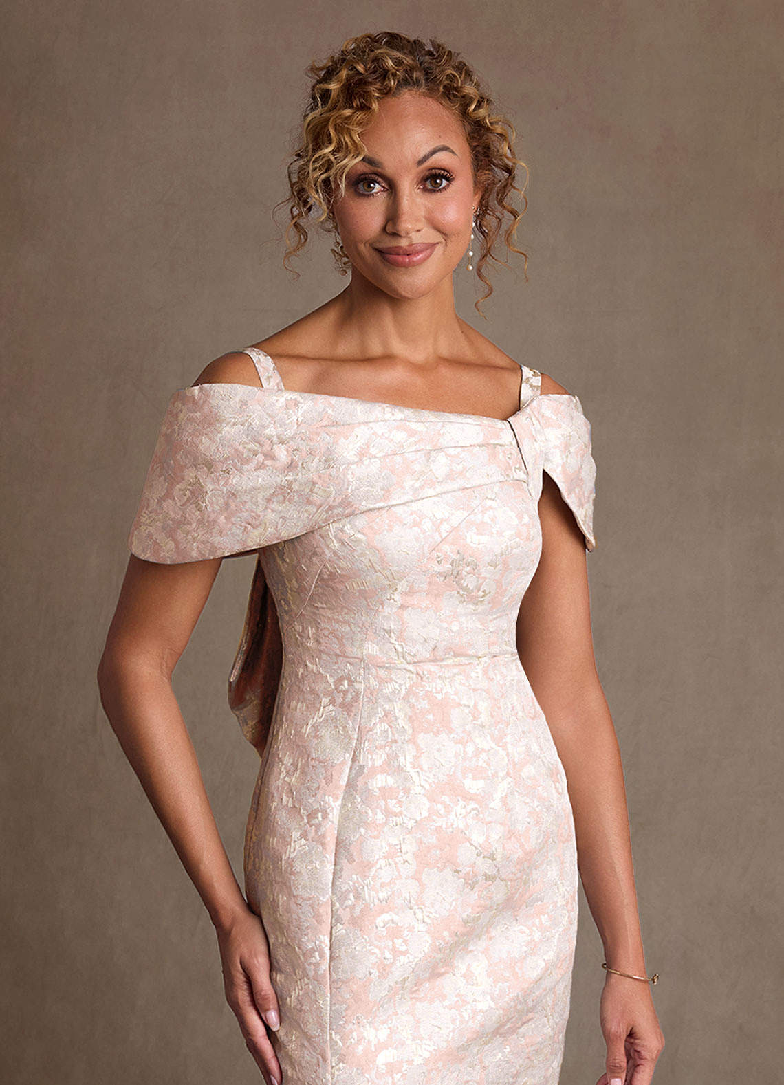 Azazie Zion Dusty Rose Sheath Off the Shoulder Floral Jacquard
