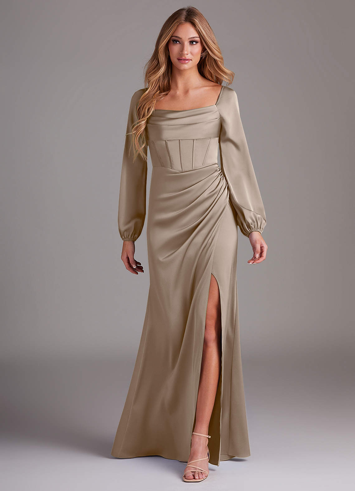 taupe bridesmaid dresses with sleeves Azazie Charissa neutral bridesmaid dresses