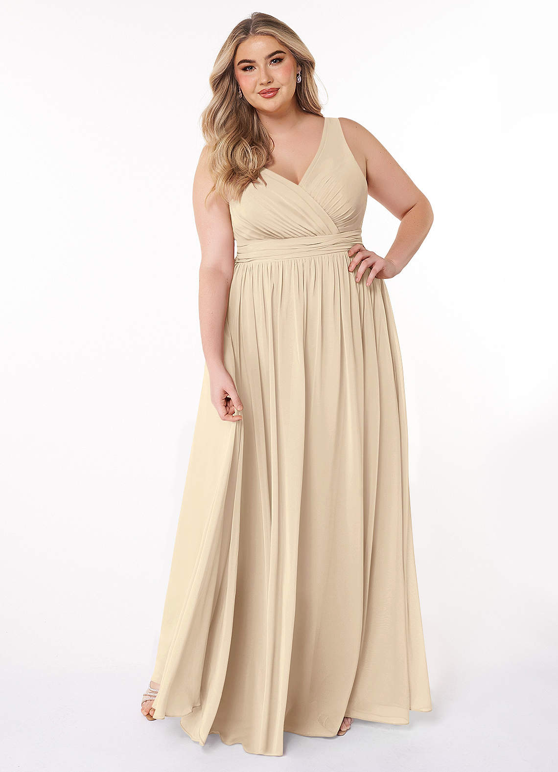 Azazie Kora Bridesmaid Dresses Champagne A-Line Pleated Chiffon Dress image1