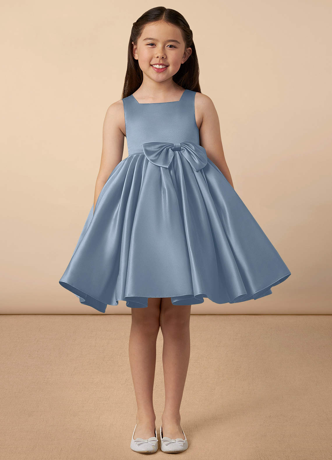 Azazie Bo Peep Flower Girl Dresses Dusty Blue A-Line Bow Matte Satin Dress image1