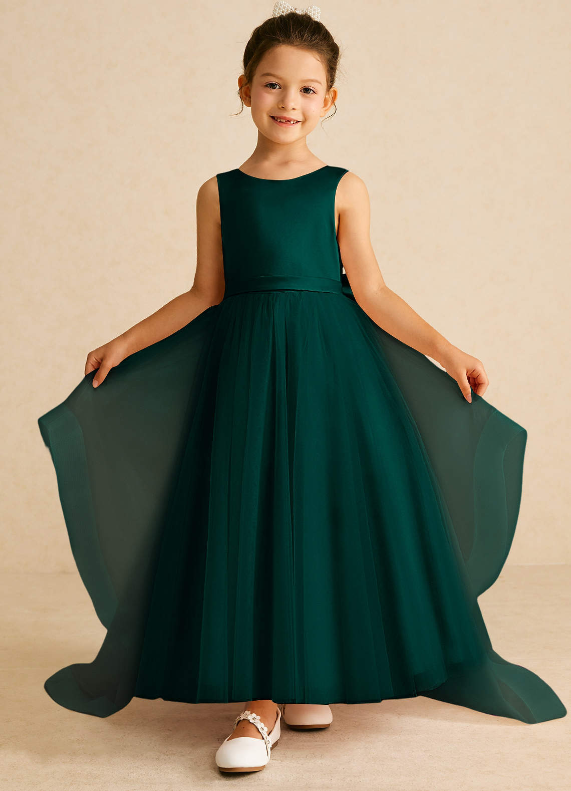 Azazie Pumpkin Flower Girl Dresses Pine A-Line Convertible Tulle Dress image1