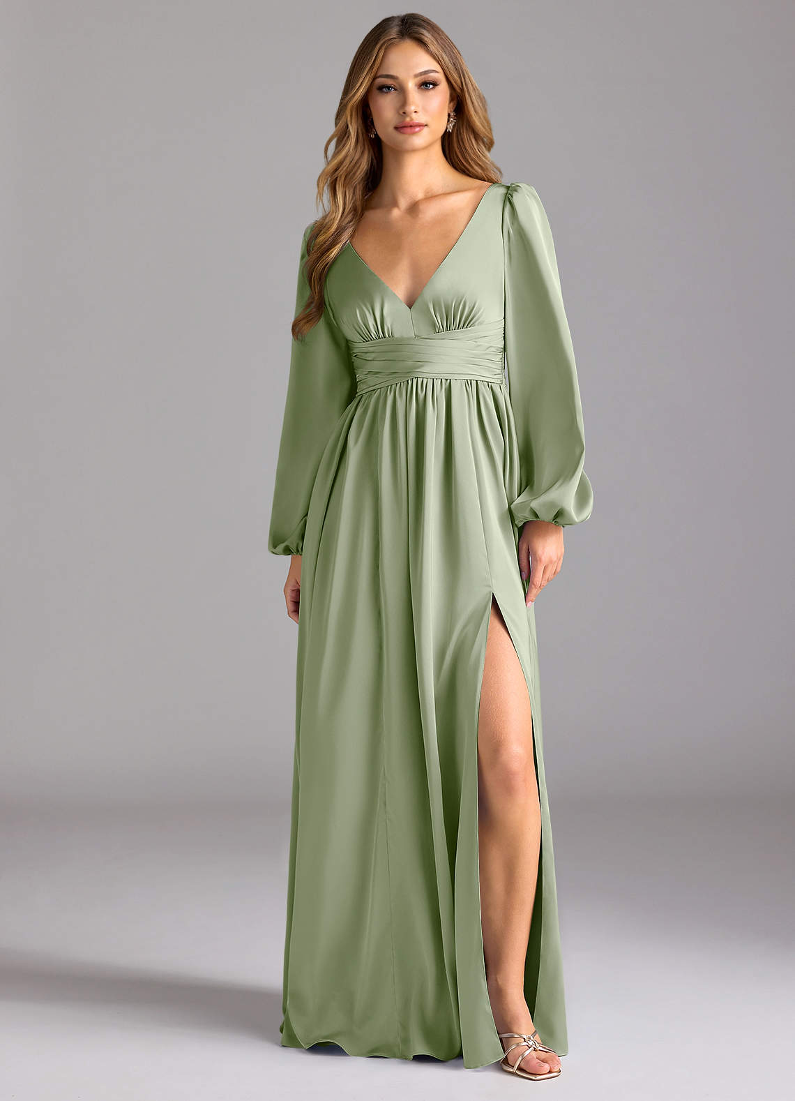 Azazie Norah Robes de demoiselle d'honneur Robe Trapèze en Satin extensible Vert Sauge image1