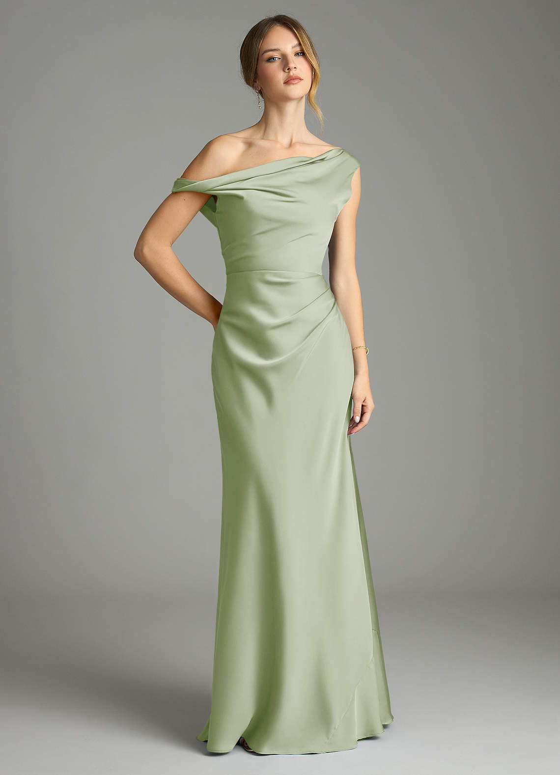 Azazie Emerson Bridesmaid Dresses Dusty Sage Mermaid Off the Shoulder Stretch Satin Dress image1