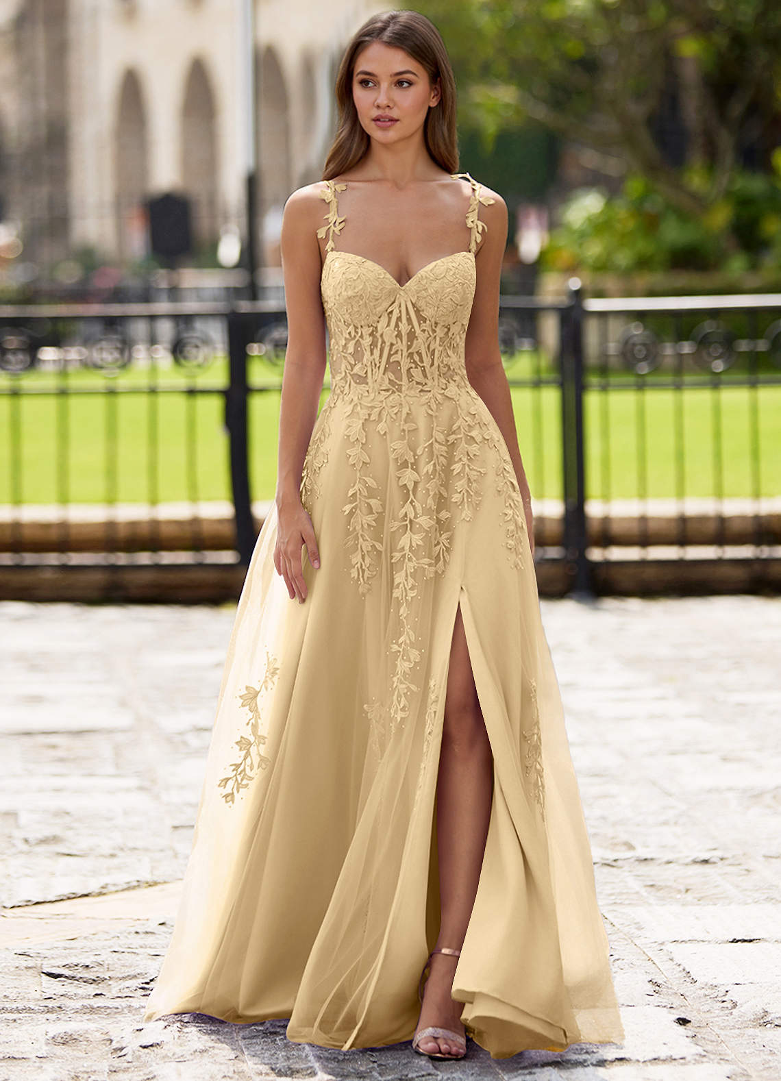 Azazie Champagne Lace Rhinestones V Neck Formal Dress