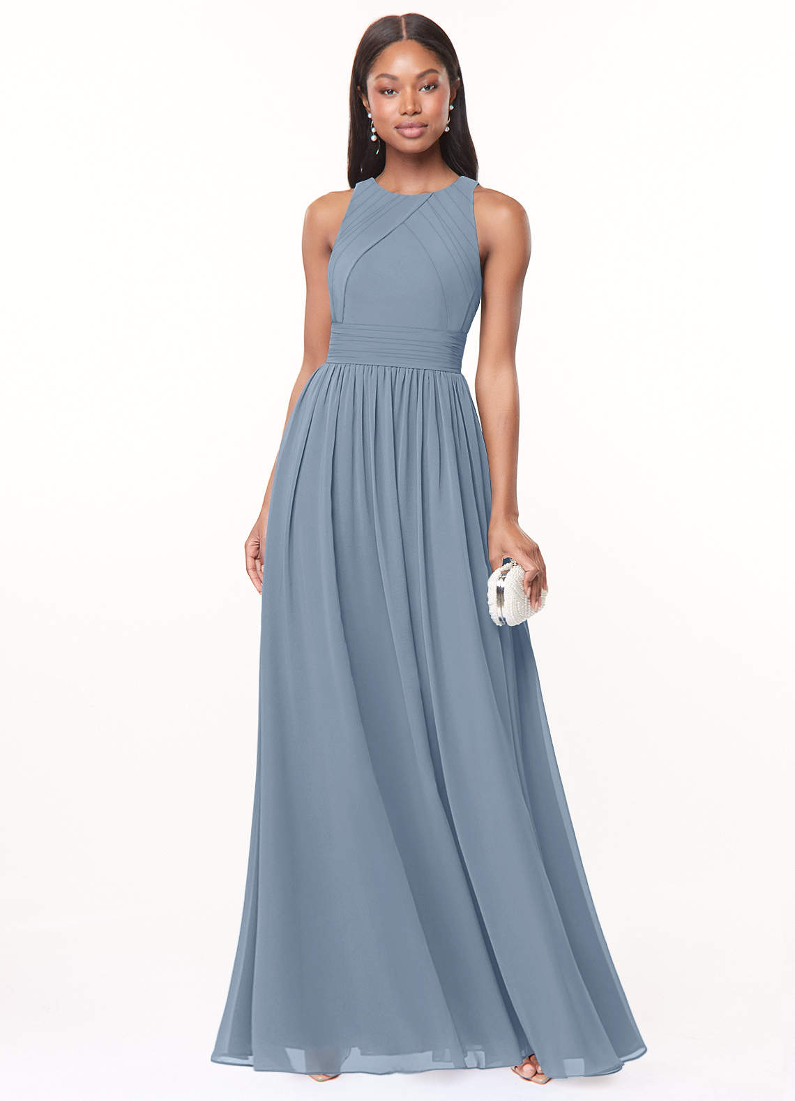 Azazie Harper Bridesmaid Dresses Dusty Blue A-Line Pleated Chiffon Dress image1