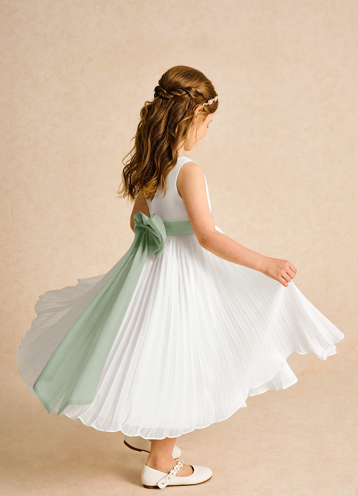 Azazie Margot vestidos de niña de las flores Vestido de Marfil Salvia Polvorienta de Gasa de Corte En A con Plisado image6