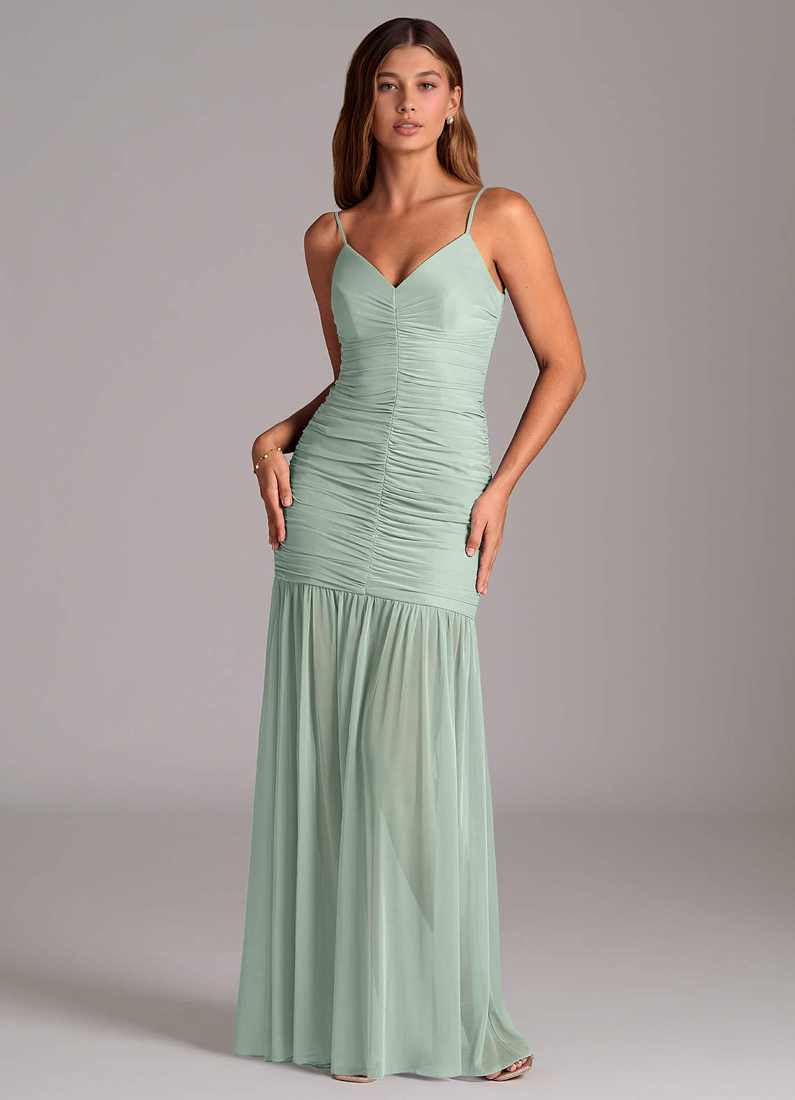 Azazie Aimie Bridesmaid Dresses Agave Mermaid Mesh Dress image1