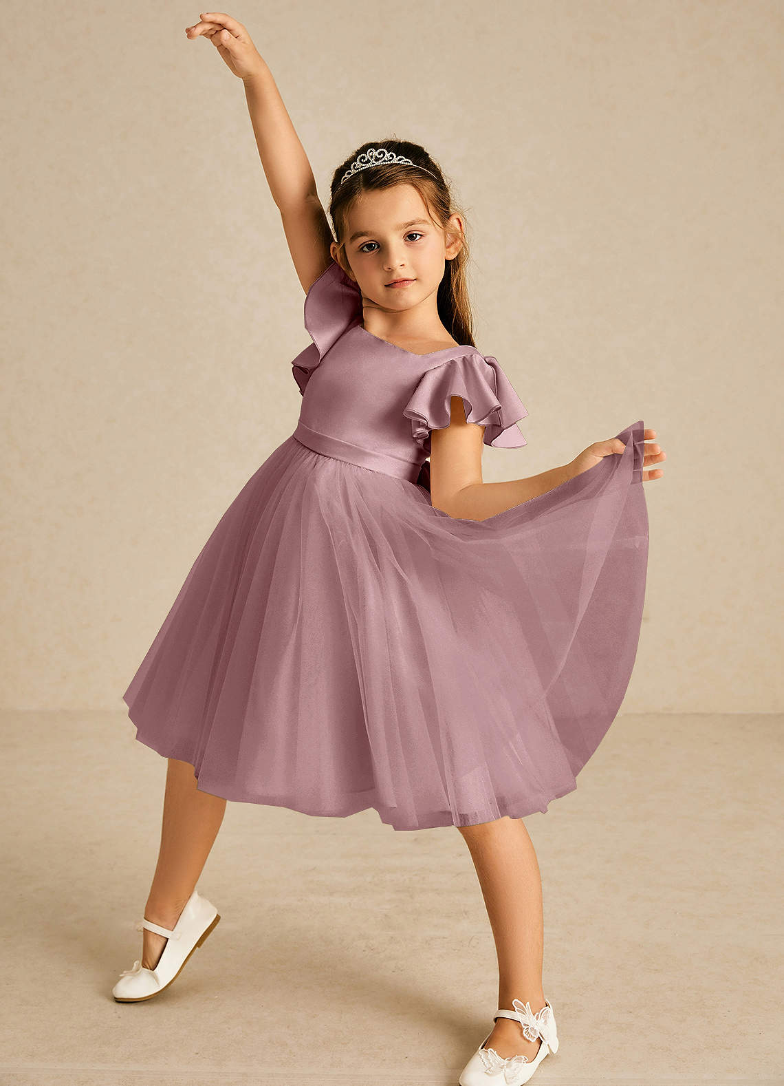 Azazie Kaeya Robe Demoiselle D'honneur Fillette Robe Trapèze en Tulle Arc Rose Poussiéreuse image1