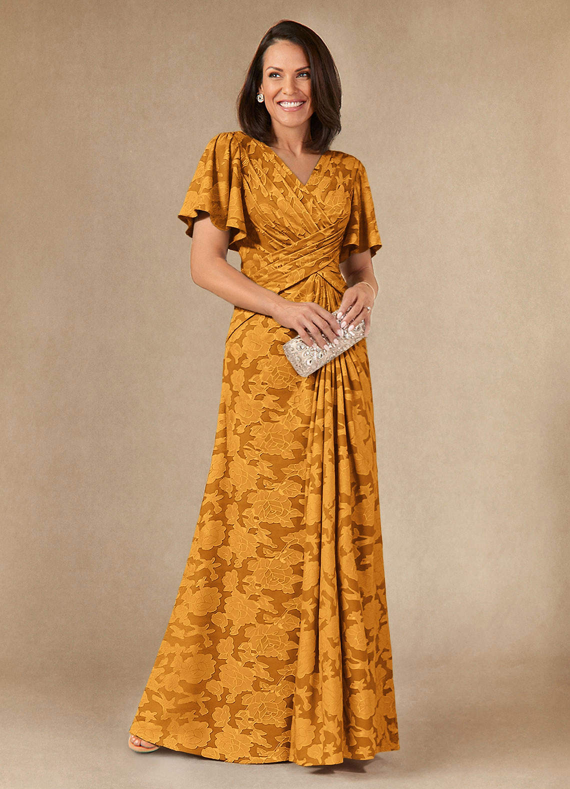 Azazie Emmeline Mother of the Bride Dresses Butterscotch A-Line Pleated Floral Burnout Dress image1